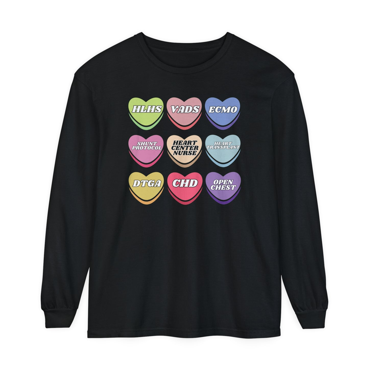 Heart Center Nurse Valentine’s Day comfy comfort colors Long , Cute Candy Heart Sayings, match your coworkers this Valentine’s Day