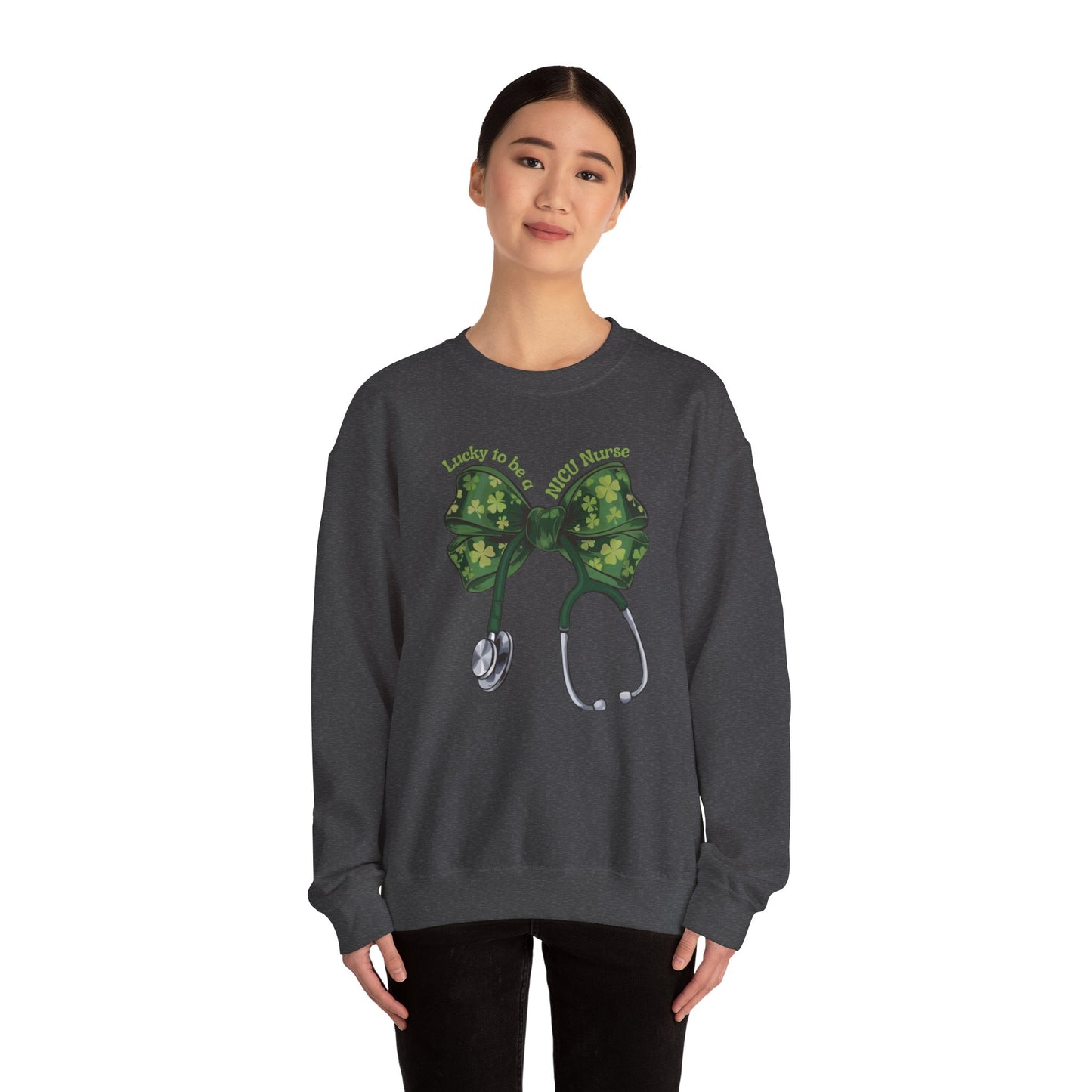 Lucky to be a PICU Nurse St. Patricks Day Sweatshirt Coquette Bow Stethoscope, RN sweatershirt, ER Nurse, NICU Nurse, PICU nurse, clover, lucky nurse sweatshirt.