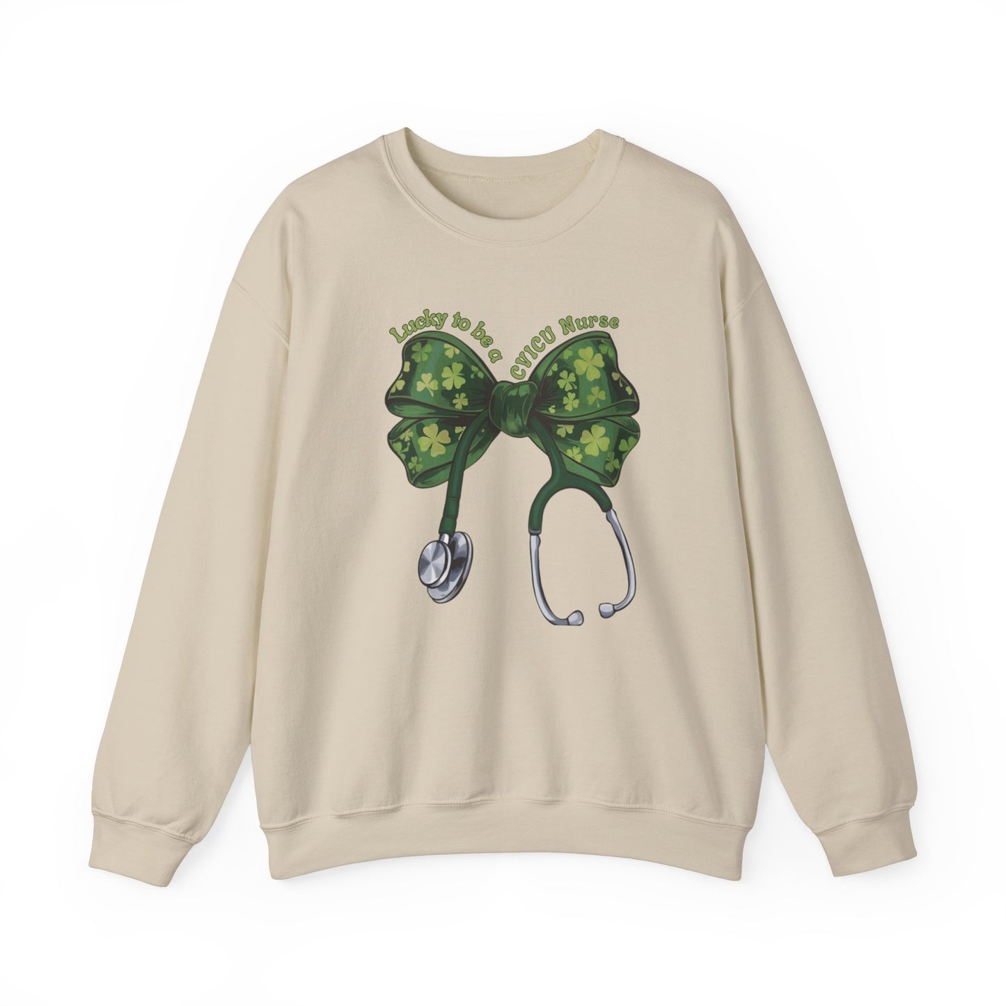 Lucky to be a Heart Center CVICU Nurse St. Patricks Day Sweatshirt Coquette Bow Stethoscope, RN sweatershirt, ER Nurse, NICU Nurse, PICU nurse, clover, lucky nurse sweatshirt.