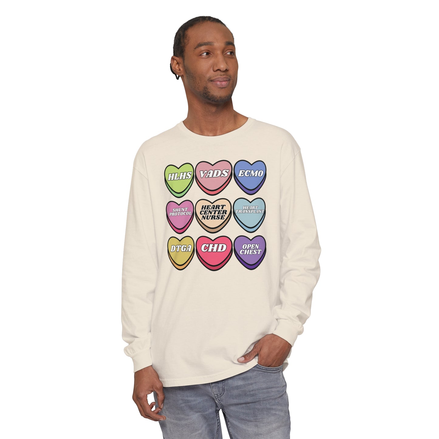 Heart Center Nurse Valentine’s Day comfy comfort colors Long , Cute Candy Heart Sayings, match your coworkers this Valentine’s Day