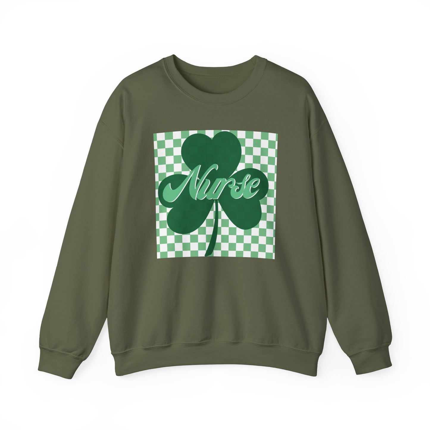 Retro Green Checkered Clover Nurse St. Patricks Clover Sweatshirt,  Heart RN, nurse, retro lucky nurse, ED RN Nurse St. Pattys Sweatshirt