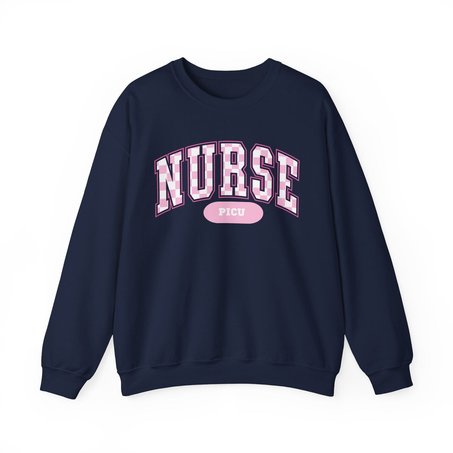 Retro Checkered PICU Varsity Letter Nurse Sweatshirt, Comfy Gildan Sweatshirt