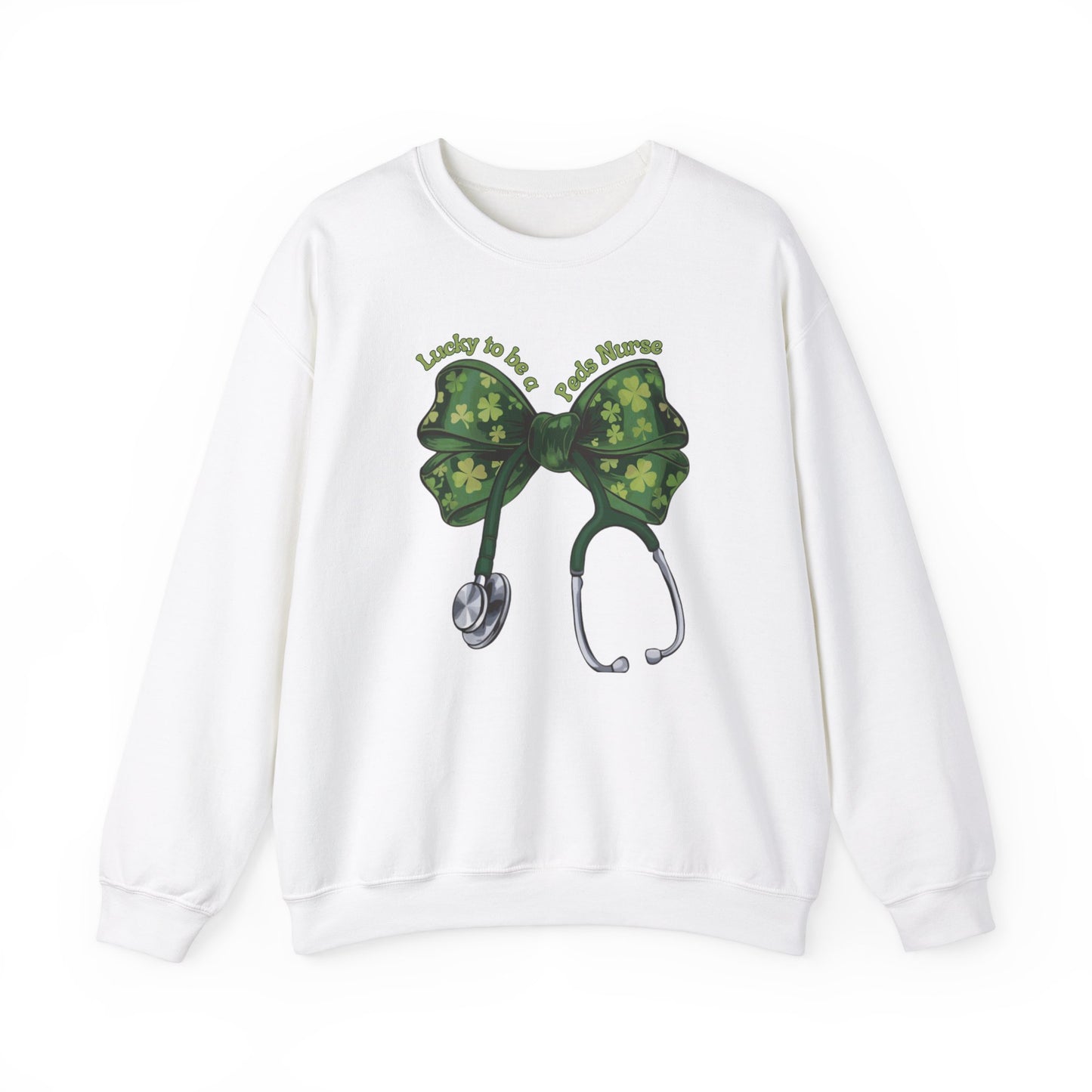 Lucky to be a Peds Nurse St. Patricks Day Sweatshirt Coquette Bow Stethoscope, RN sweatershirt, ER Nurse, NICU Nurse, PICU nurse, clover, lucky nurse sweatshirt.