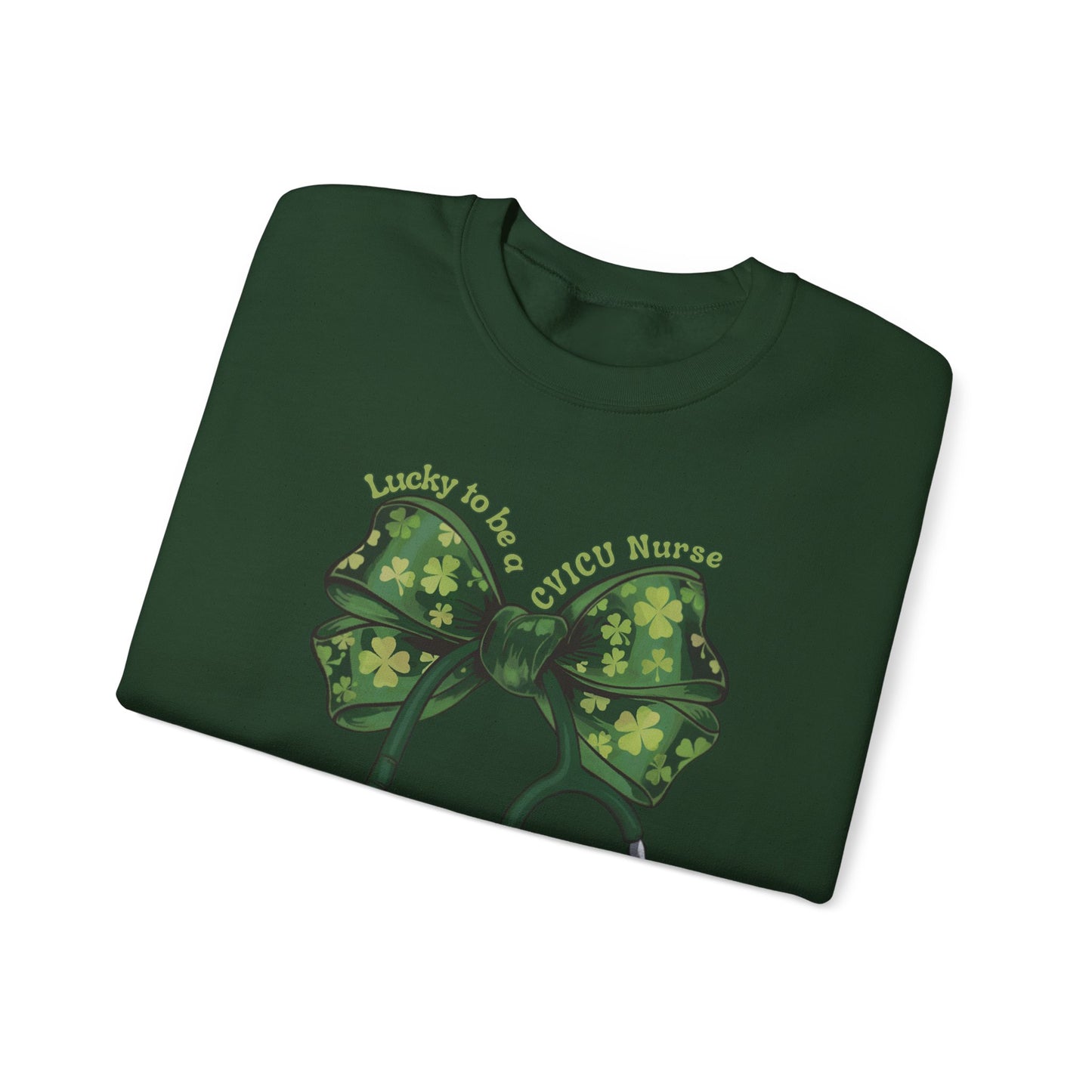 Lucky to be a Heart Center CVICU Nurse St. Patricks Day Sweatshirt Coquette Bow Stethoscope, RN sweatershirt, ER Nurse, NICU Nurse, PICU nurse, clover, lucky nurse sweatshirt.