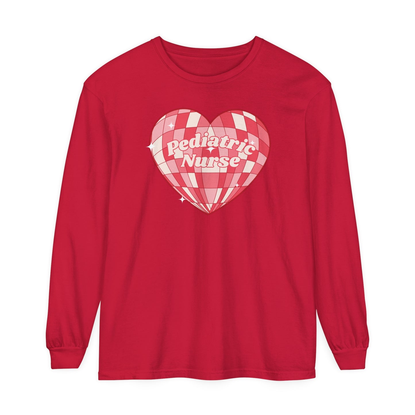 Pediatric Nurse Valentines Day Long sleeve, retro heart, comfort colors long sleeve.