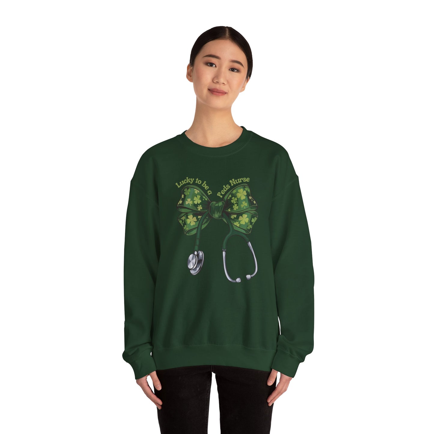 Lucky to be a Peds Nurse St. Patricks Day Sweatshirt Coquette Bow Stethoscope, RN sweatershirt, ER Nurse, NICU Nurse, PICU nurse, clover, lucky nurse sweatshirt.