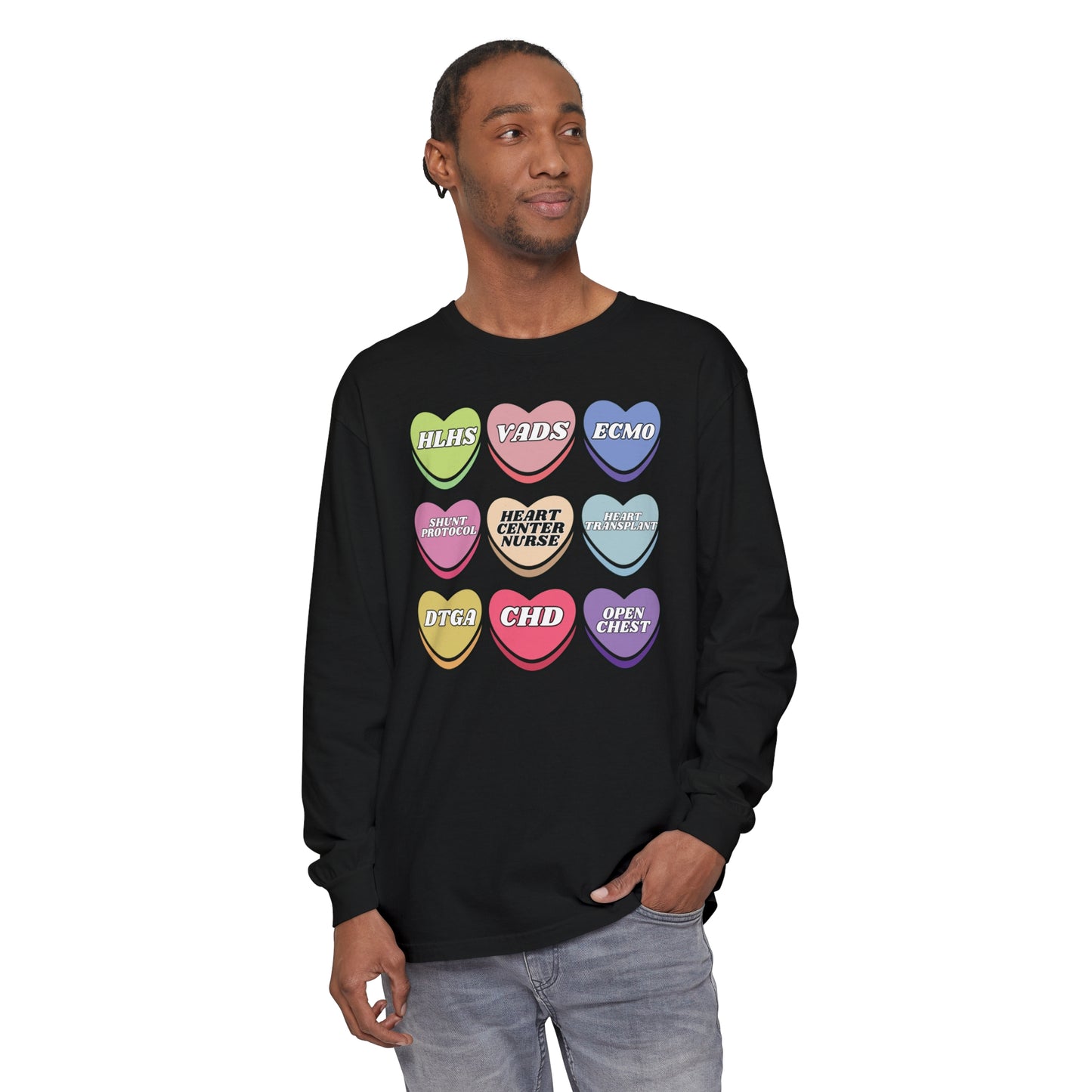 Heart Center Nurse Valentine’s Day comfy comfort colors Long , Cute Candy Heart Sayings, match your coworkers this Valentine’s Day