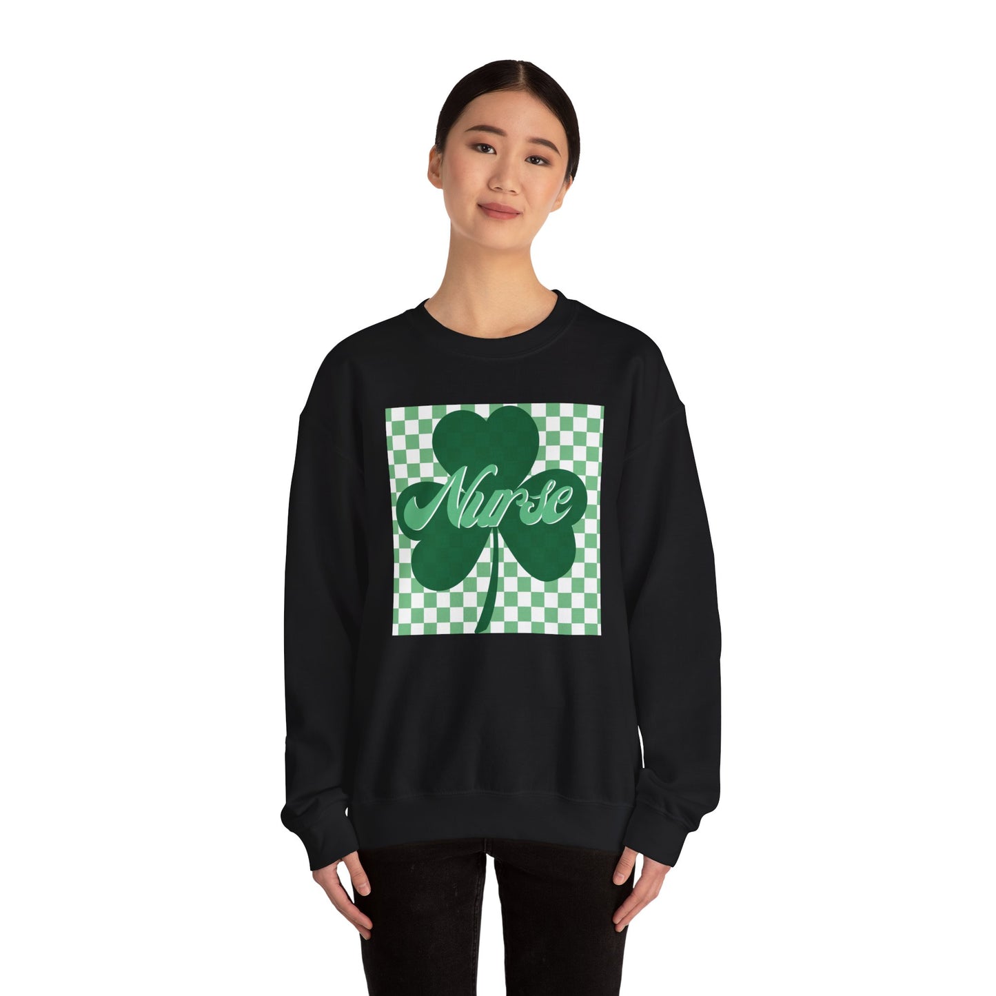 Retro Green Checkered Clover Nurse St. Patricks Clover Sweatshirt,  Heart RN, nurse, retro lucky nurse, ED RN Nurse St. Pattys Sweatshirt