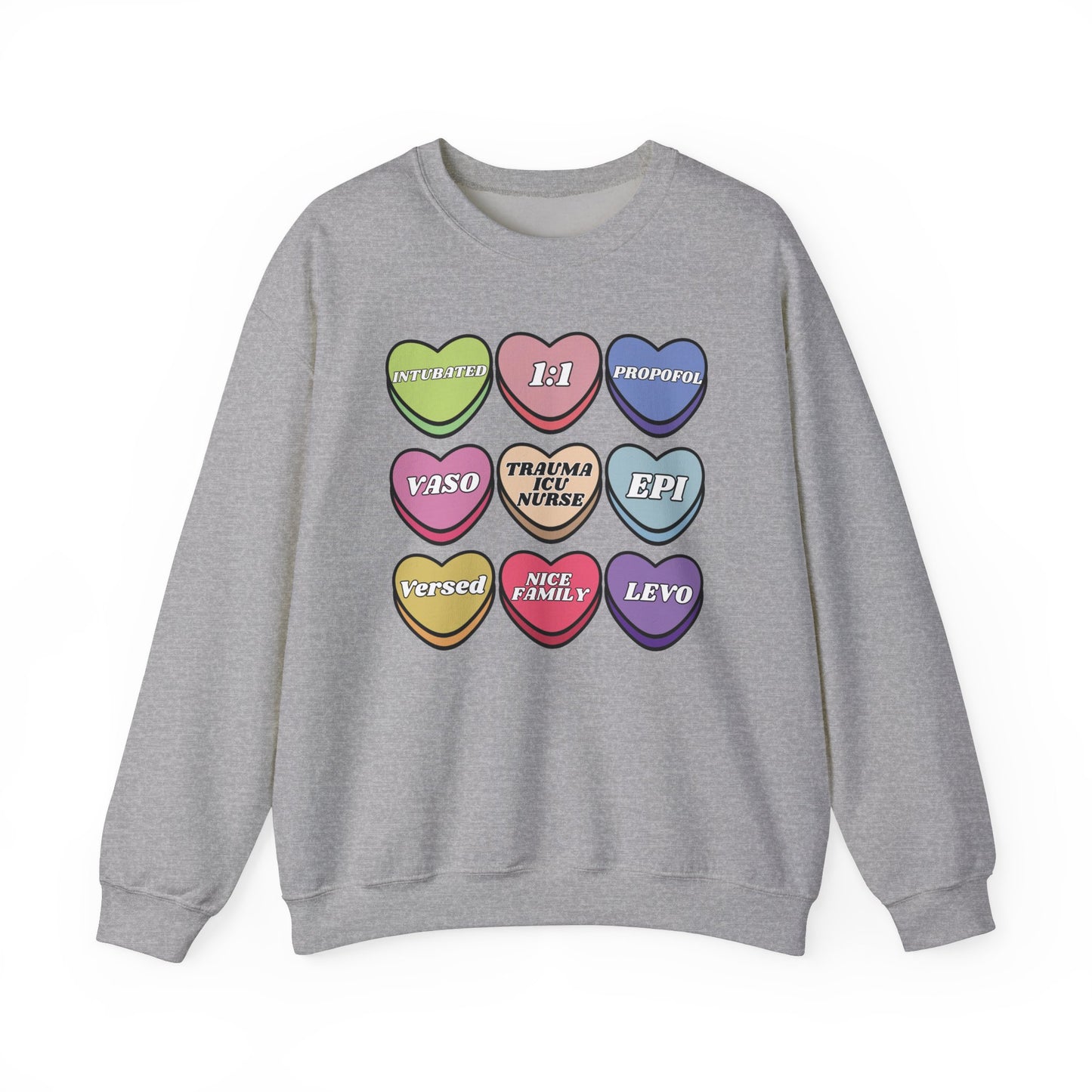 Funny Trauma ICU Nurse Valentine’s Day Sweatshirt, Cute Candy Heart NICU Sayings, match your coworkers this Valentine’s Day