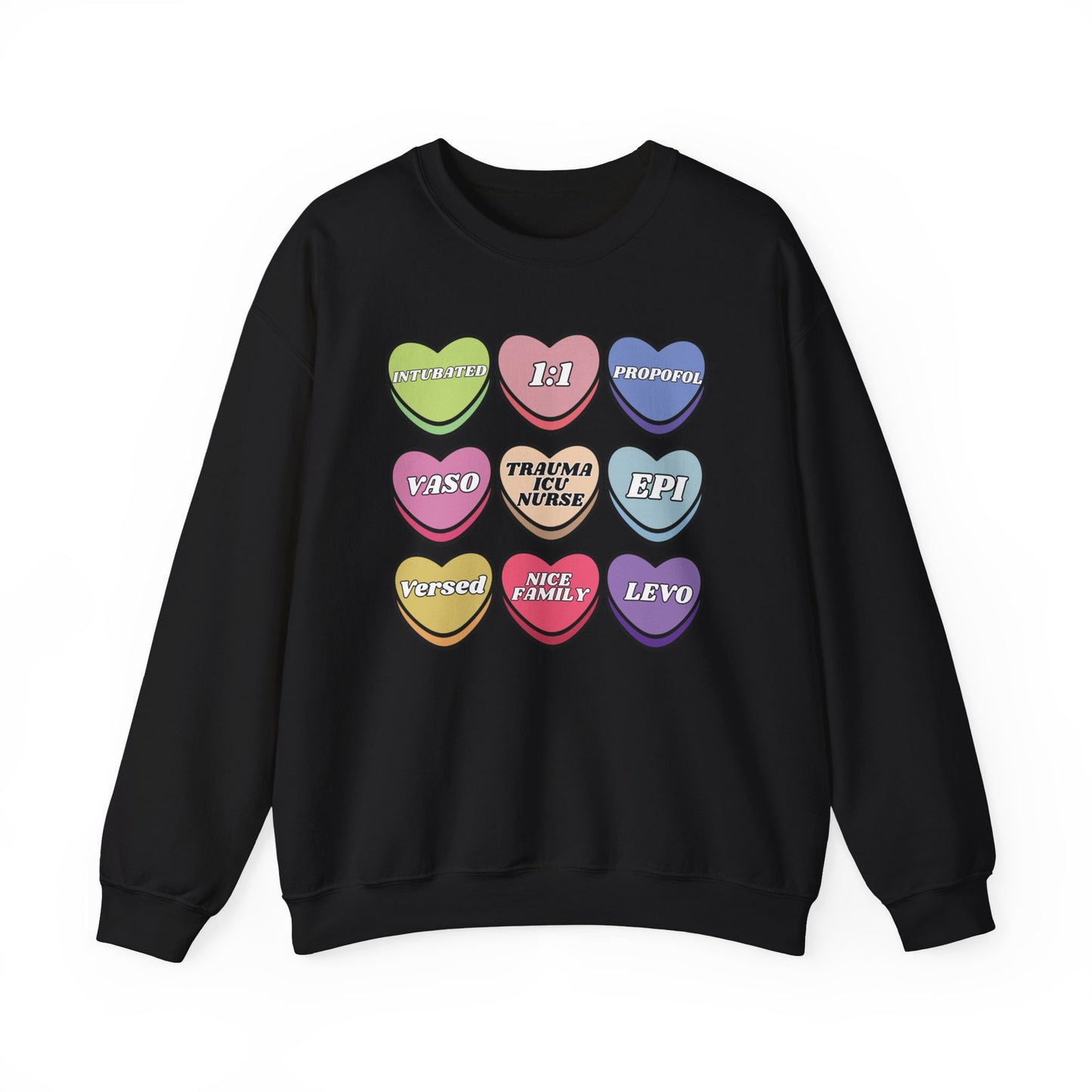 Funny Trauma ICU Nurse Valentine’s Day Sweatshirt, Cute Candy Heart NICU Sayings, match your coworkers this Valentine’s Day