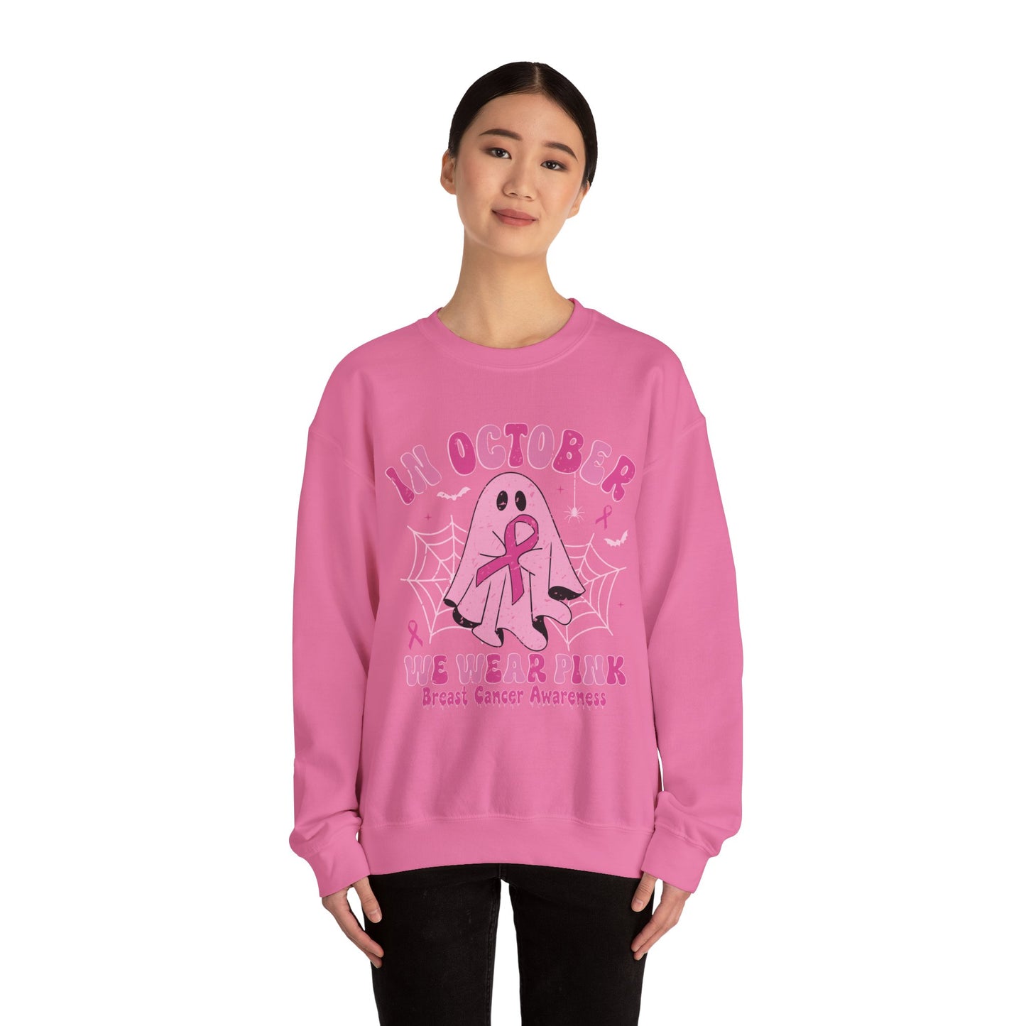 Cute Breast Cancer Awareness Ghost Sweatshirt, In October We Wear Pink, cozy sweatshirt to support breast cancer