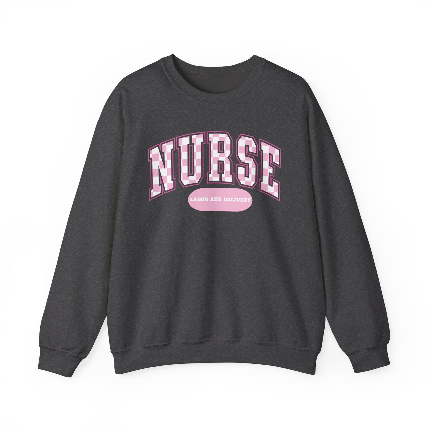 Retro Checkered Labor and Delivery Varsity Letter Nurse Sweatshirt, Comfy Gildan Sweatshirt