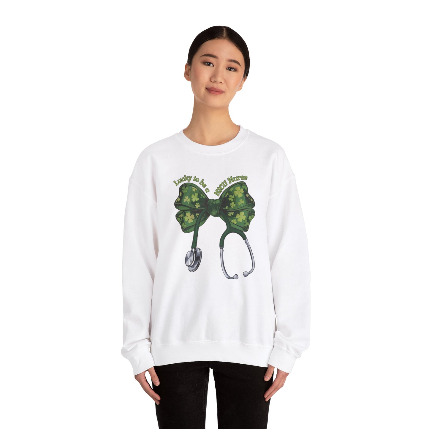 Lucky to be a PICU Nurse St. Patricks Day Sweatshirt Coquette Bow Stethoscope, RN sweatershirt, ER Nurse, NICU Nurse, PICU nurse, clover, lucky nurse sweatshirt.