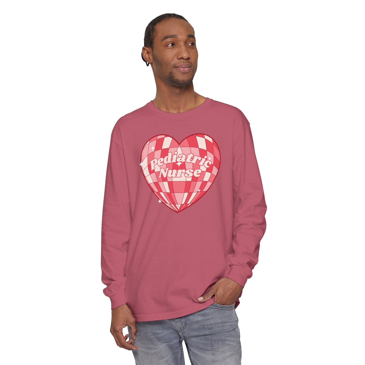 Pediatric Nurse Valentines Day Long sleeve, retro heart, comfort colors long sleeve.