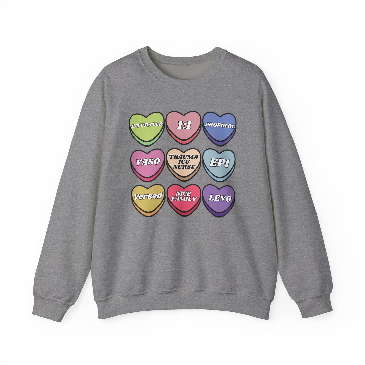 Funny Trauma ICU Nurse Valentine’s Day Sweatshirt, Cute Candy Heart NICU Sayings, match your coworkers this Valentine’s Day