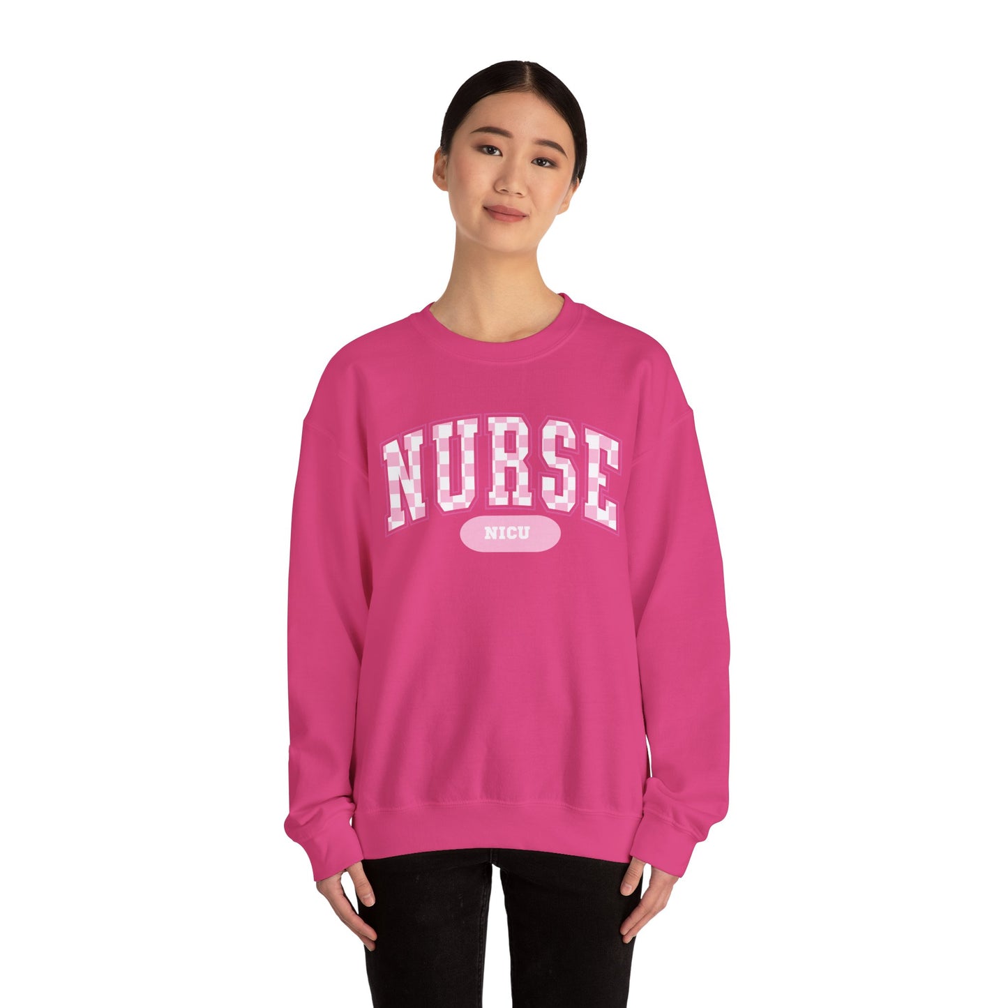 Retro Checkered NICU Nurse Varsity Letter Nurse Sweatshirt, Gildan Comfy Sweatshirt
