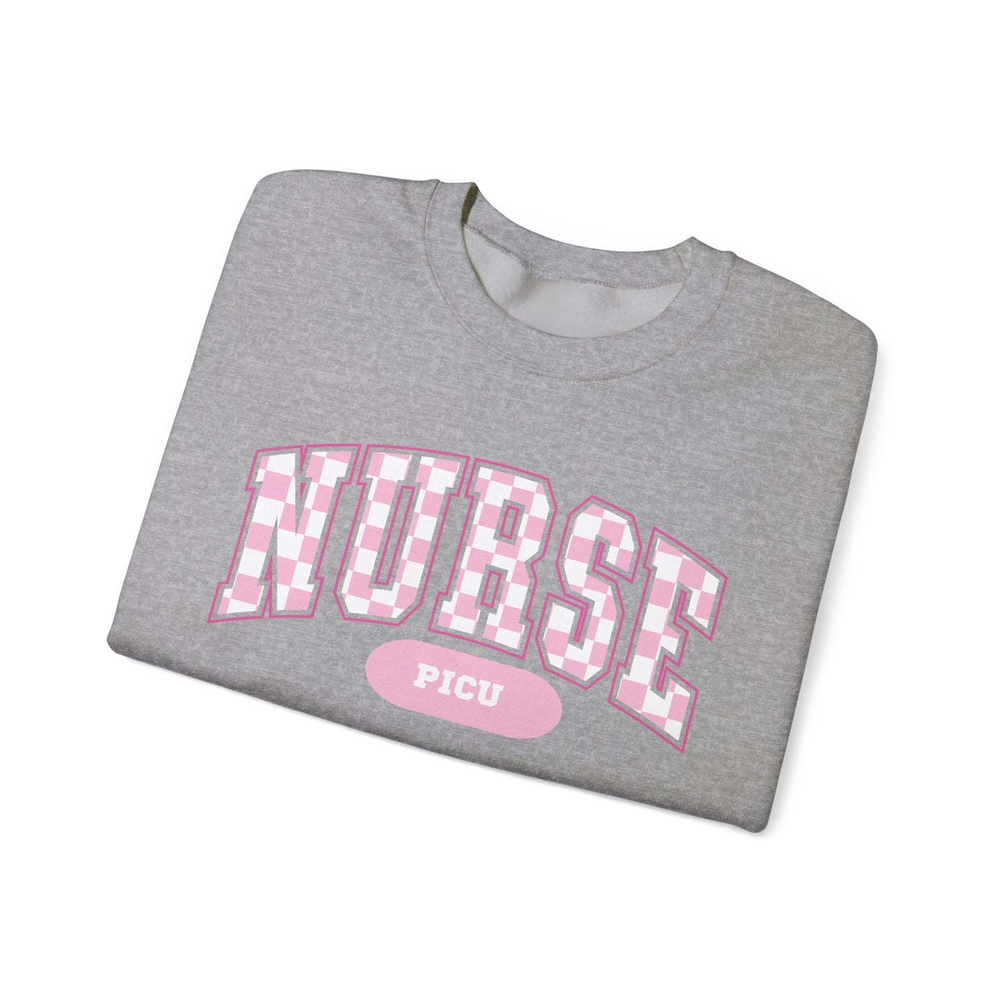 Retro Checkered PICU Varsity Letter Nurse Sweatshirt, Comfy Gildan Sweatshirt