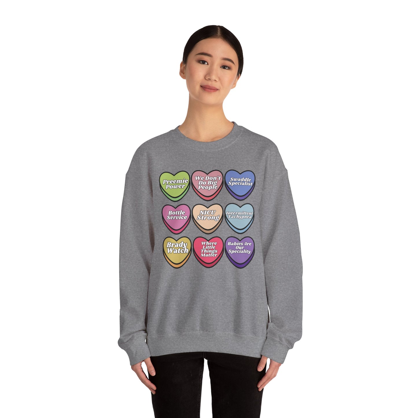 NICU Nurse Valentine’s Day Sweatshirt, Cute Candy Heart NICU Sayings, match your coworkers this Valentine’s Day