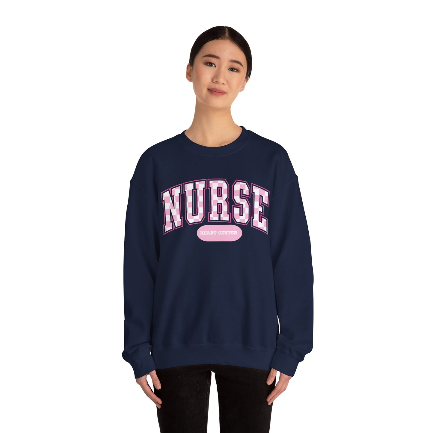 Retro Checkered Heart Center Varsity Letter Nurse Sweatshirt, Comfy Gildan Sweatshirt