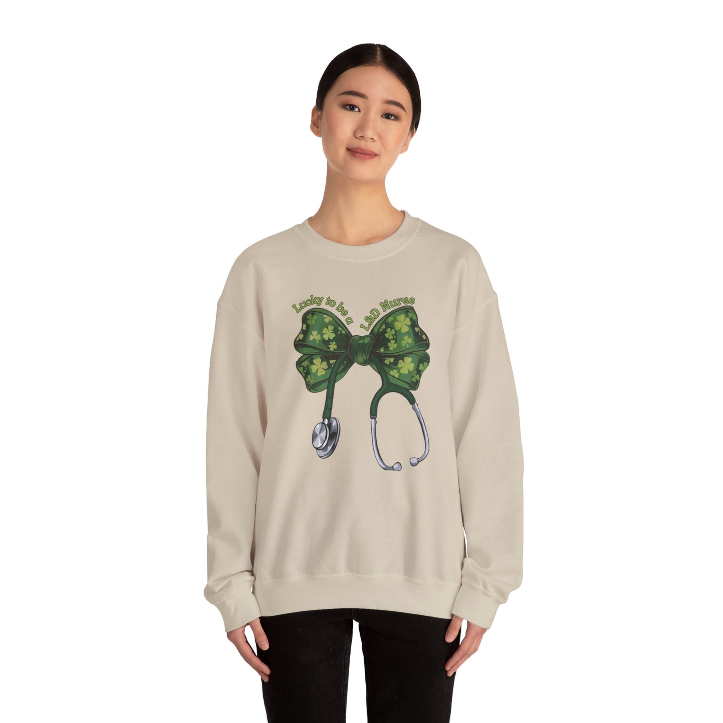 Lucky to be a Labor and Delivery Nurse St. Patricks Day Sweatshirt Coquette Bow Stethoscope, RN sweatershirt, ER Nurse, NICU Nurse, PICU nurse, clover, lucky nurse sweatshirt.