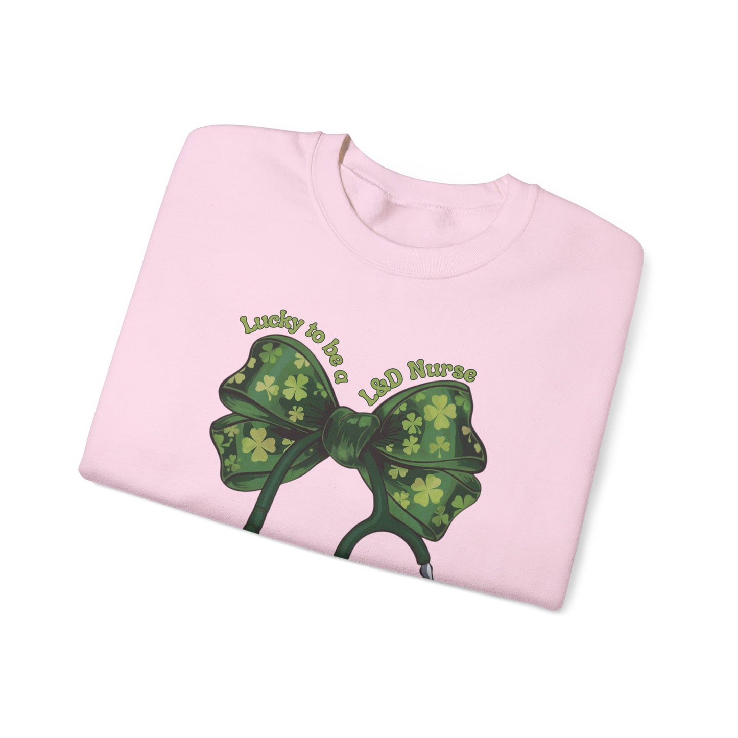 Lucky to be a Labor and Delivery Nurse St. Patricks Day Sweatshirt Coquette Bow Stethoscope, RN sweatershirt, ER Nurse, NICU Nurse, PICU nurse, clover, lucky nurse sweatshirt.
