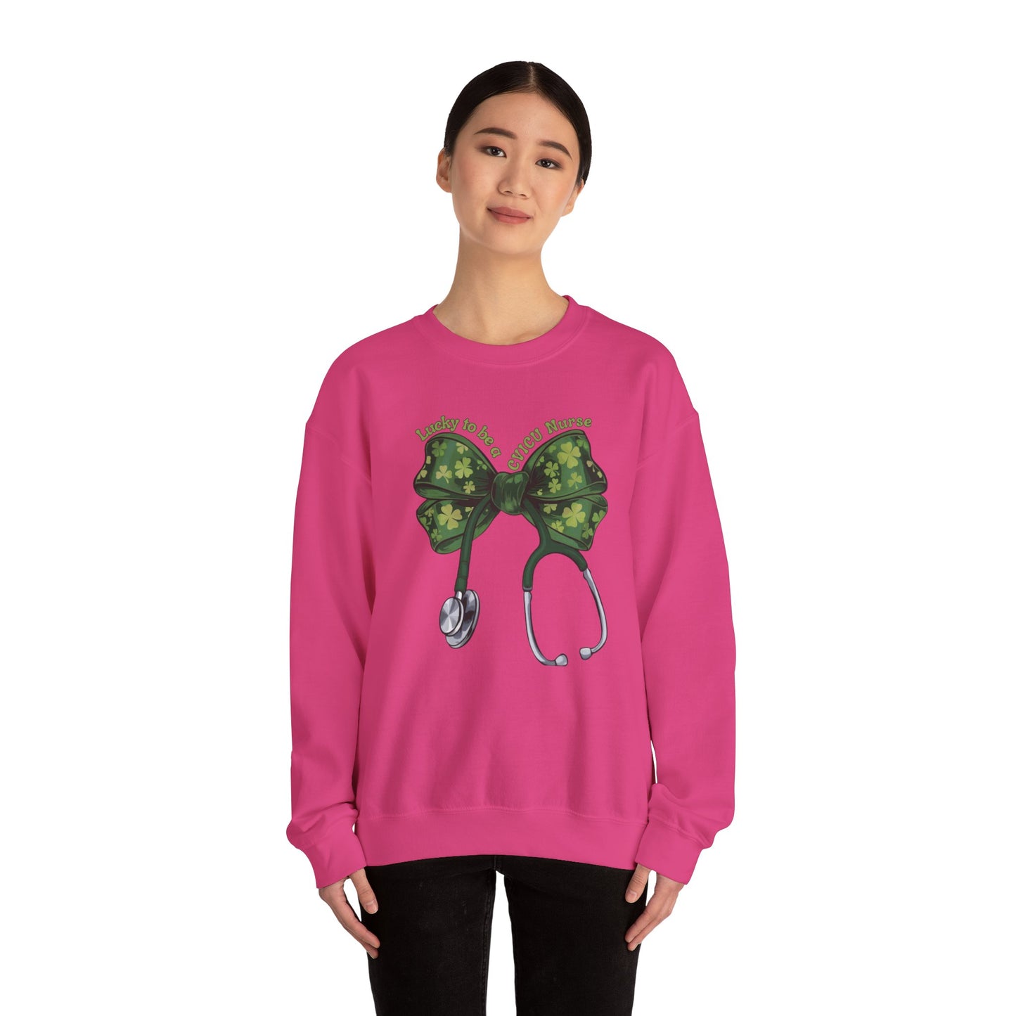 Lucky to be a Heart Center CVICU Nurse St. Patricks Day Sweatshirt Coquette Bow Stethoscope, RN sweatershirt, ER Nurse, NICU Nurse, PICU nurse, clover, lucky nurse sweatshirt.