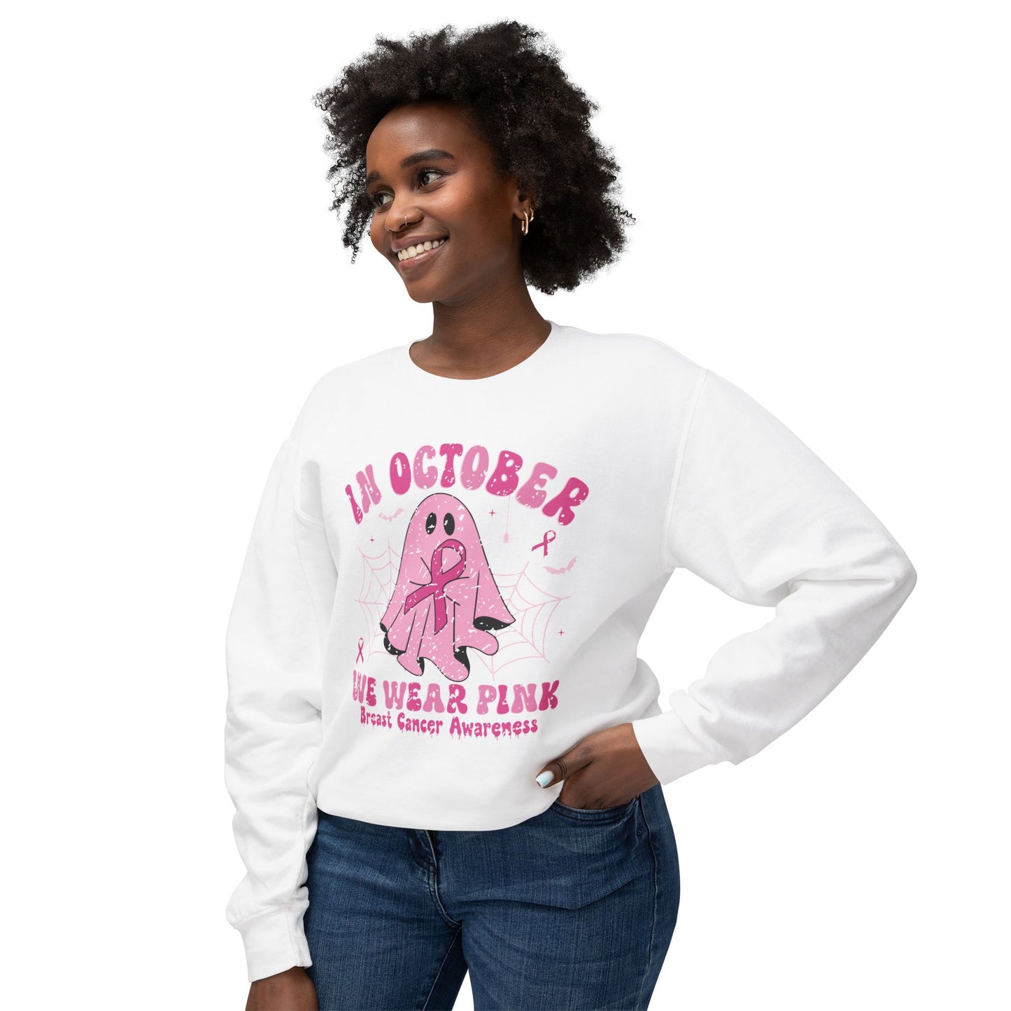 Comfort colors Breast Cancer Awareness Ghost Sweatshirt, In October We Wear Pink, cozy sweatshirt to support breast cancer