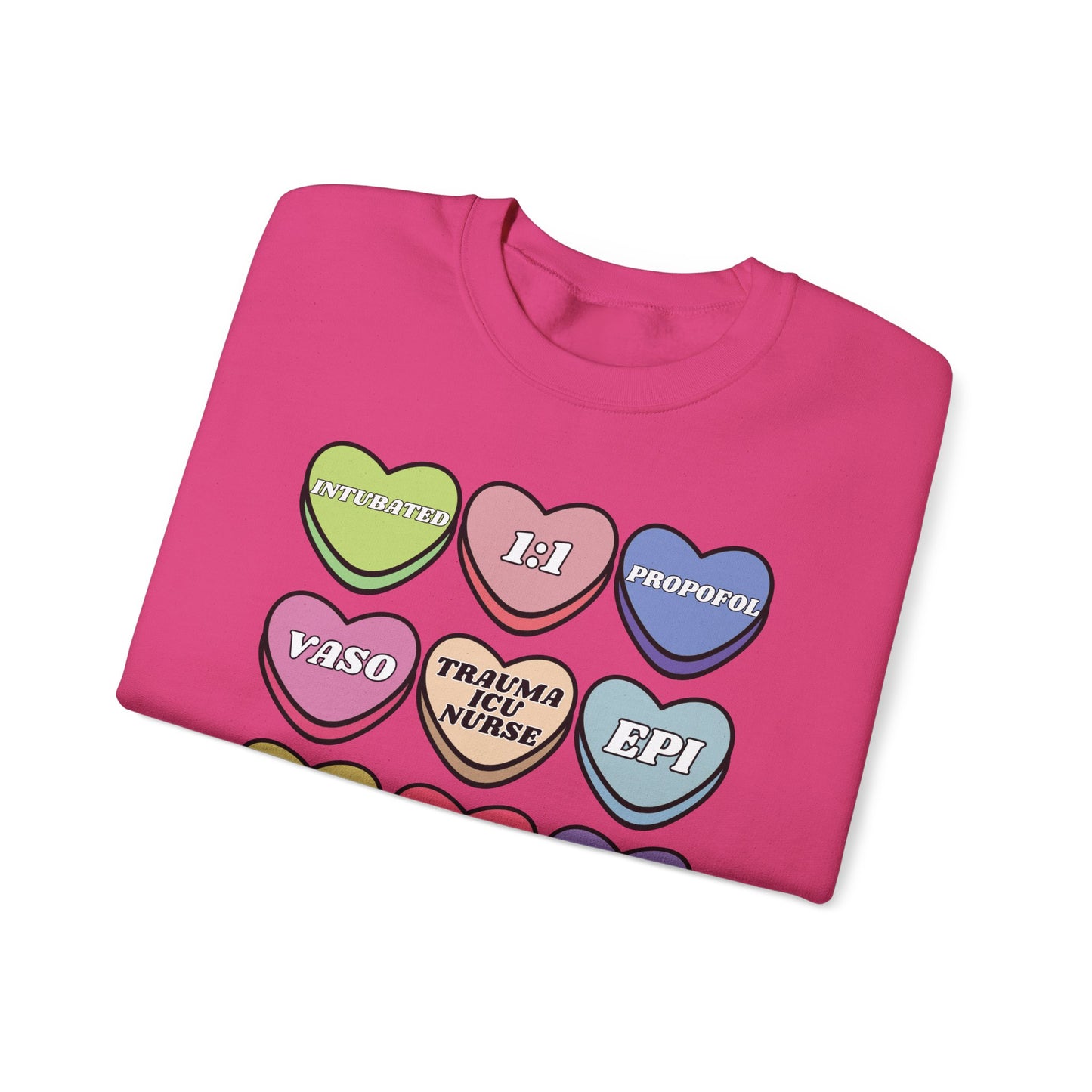 Funny Trauma ICU Nurse Valentine’s Day Sweatshirt, Cute Candy Heart NICU Sayings, match your coworkers this Valentine’s Day