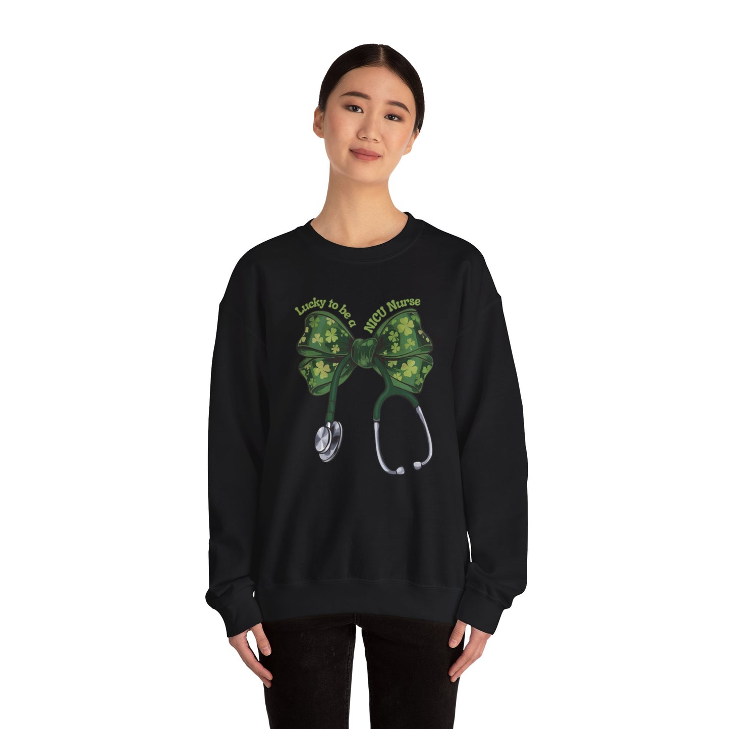 Lucky to be a PICU Nurse St. Patricks Day Sweatshirt Coquette Bow Stethoscope, RN sweatershirt, ER Nurse, NICU Nurse, PICU nurse, clover, lucky nurse sweatshirt.