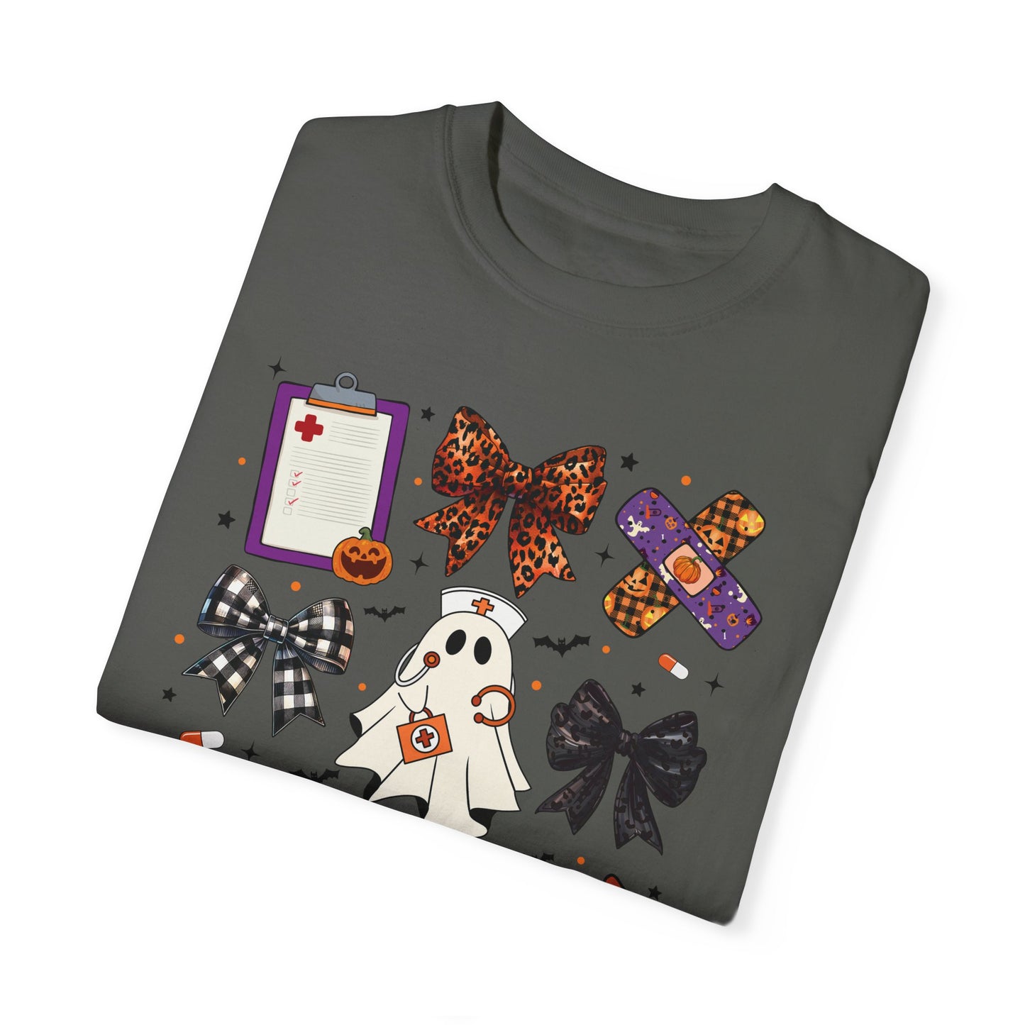 Cute fun coquette Halloween nurse shirt, fall shirt, ghost nurse shirt , emergency nurse, RN Halloween shirt , comfort colors shirt, ER RN, medical shirt