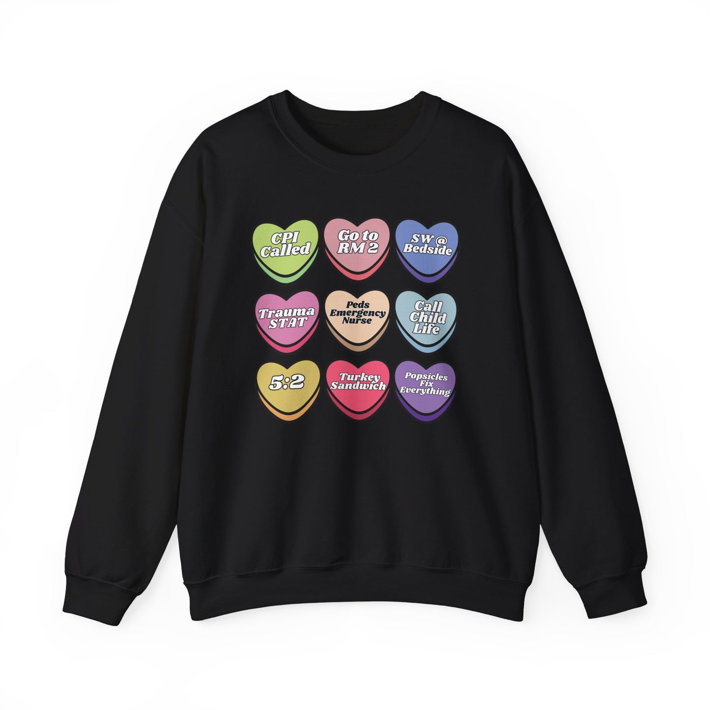 Pediatric ED Candy heart sweatshirt, perfect to match your unit this valentines Day! Gildan cozy sweatshirt