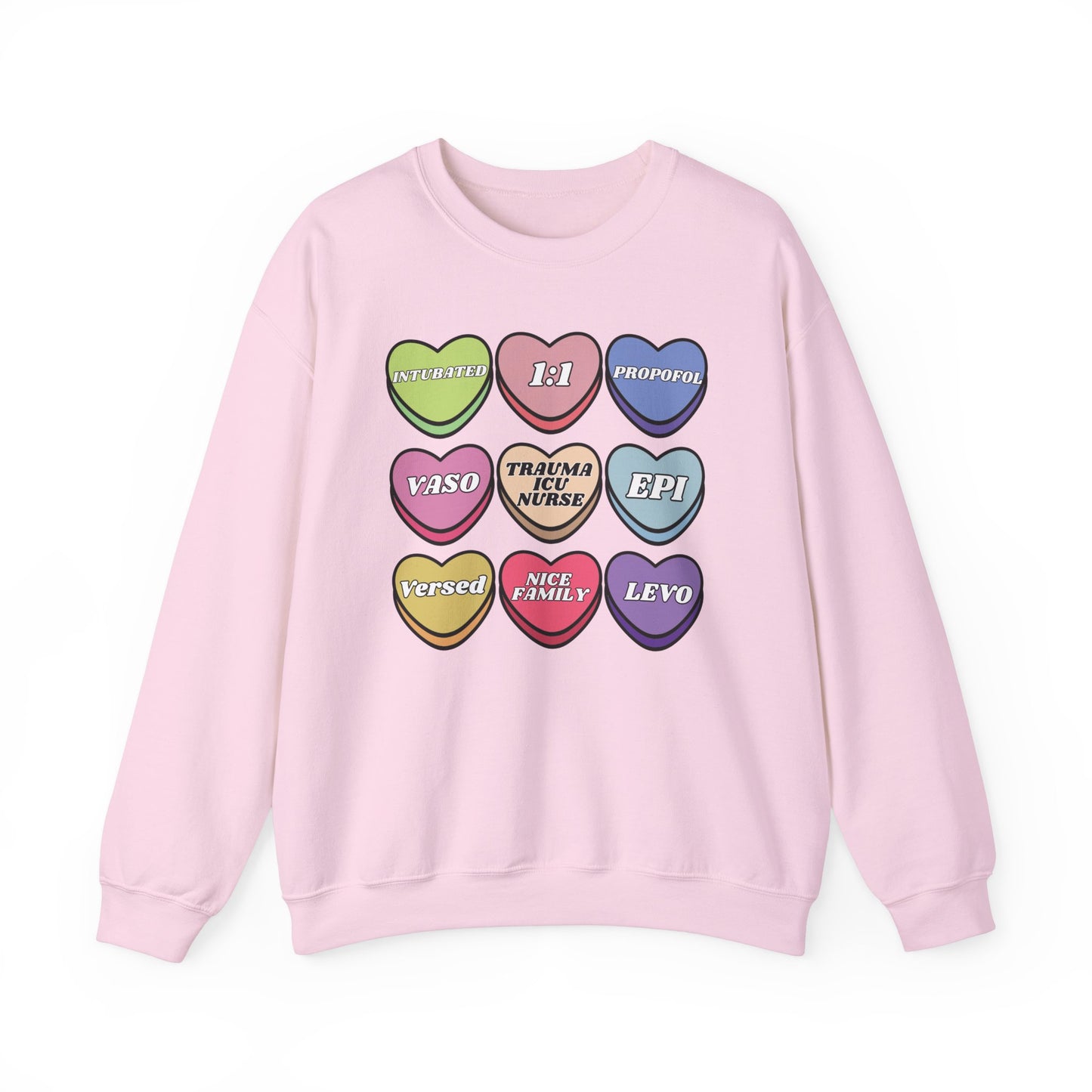 Funny Trauma ICU Nurse Valentine’s Day Sweatshirt, Cute Candy Heart NICU Sayings, match your coworkers this Valentine’s Day