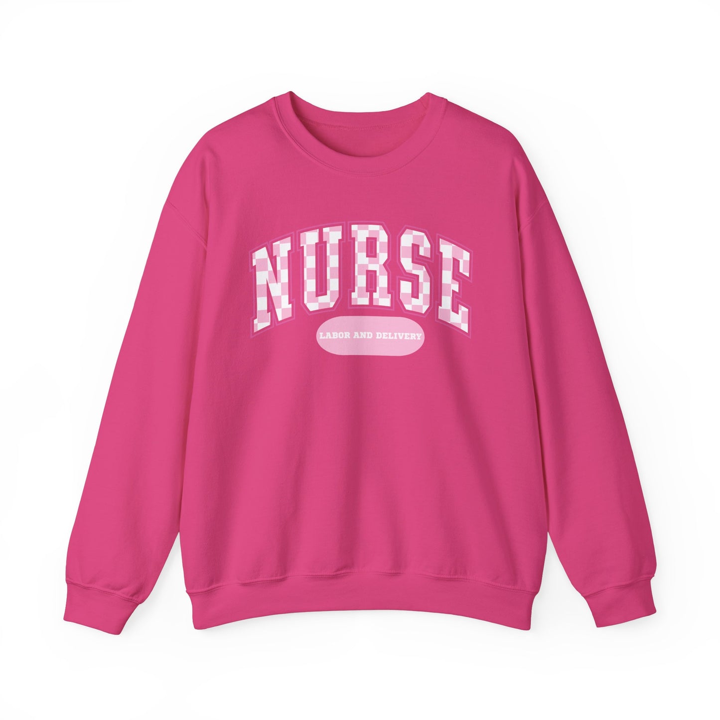 Retro Checkered Labor and Delivery Varsity Letter Nurse Sweatshirt, Comfy Gildan Sweatshirt
