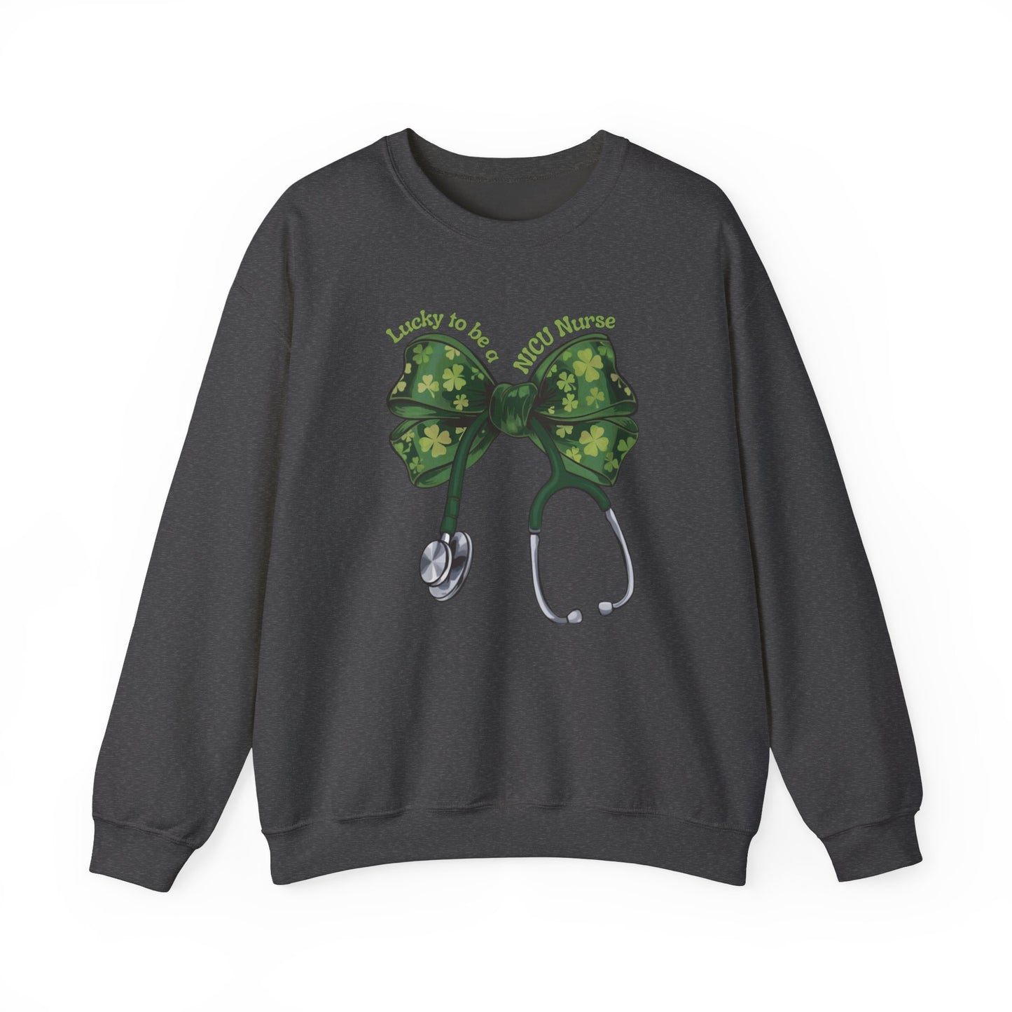 Lucky to be a NICU Nurse St. Patricks Day Sweatshirt Coquette Bow Stethoscope, RN sweatershirt, ER Nurse, NICU Nurse, PICU nurse, clover, lucky nurse sweatshirt.