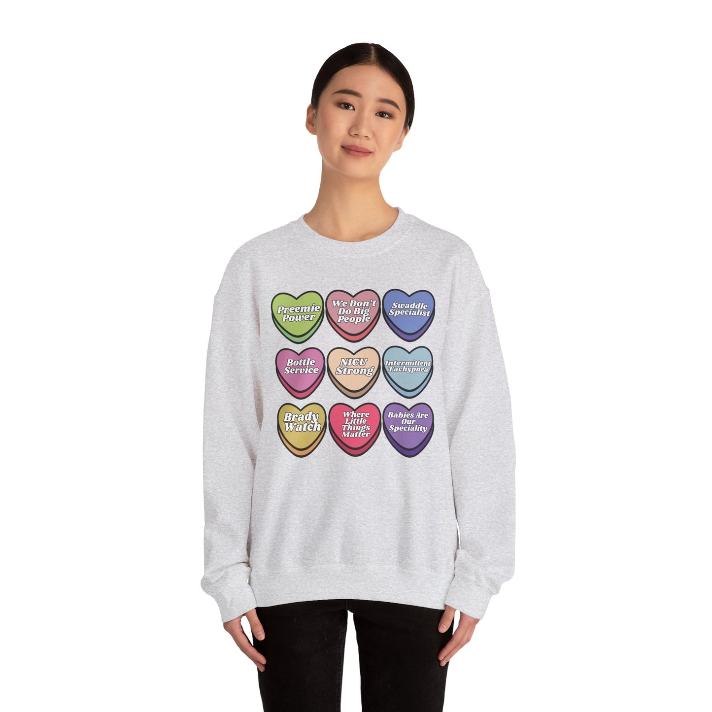 NICU Nurse Valentine’s Day Sweatshirt, Cute Candy Heart NICU Sayings, match your coworkers this Valentine’s Day