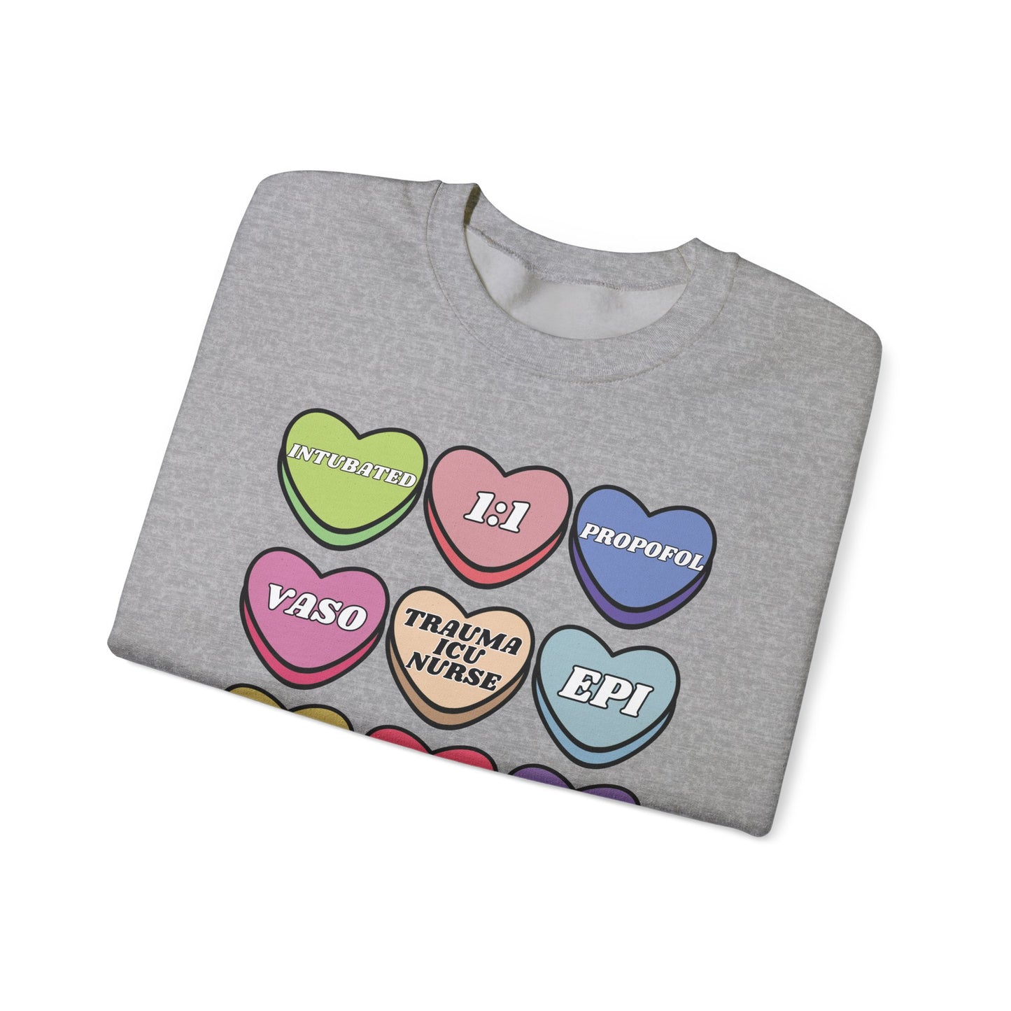 Funny Trauma ICU Nurse Valentine’s Day Sweatshirt, Cute Candy Heart NICU Sayings, match your coworkers this Valentine’s Day