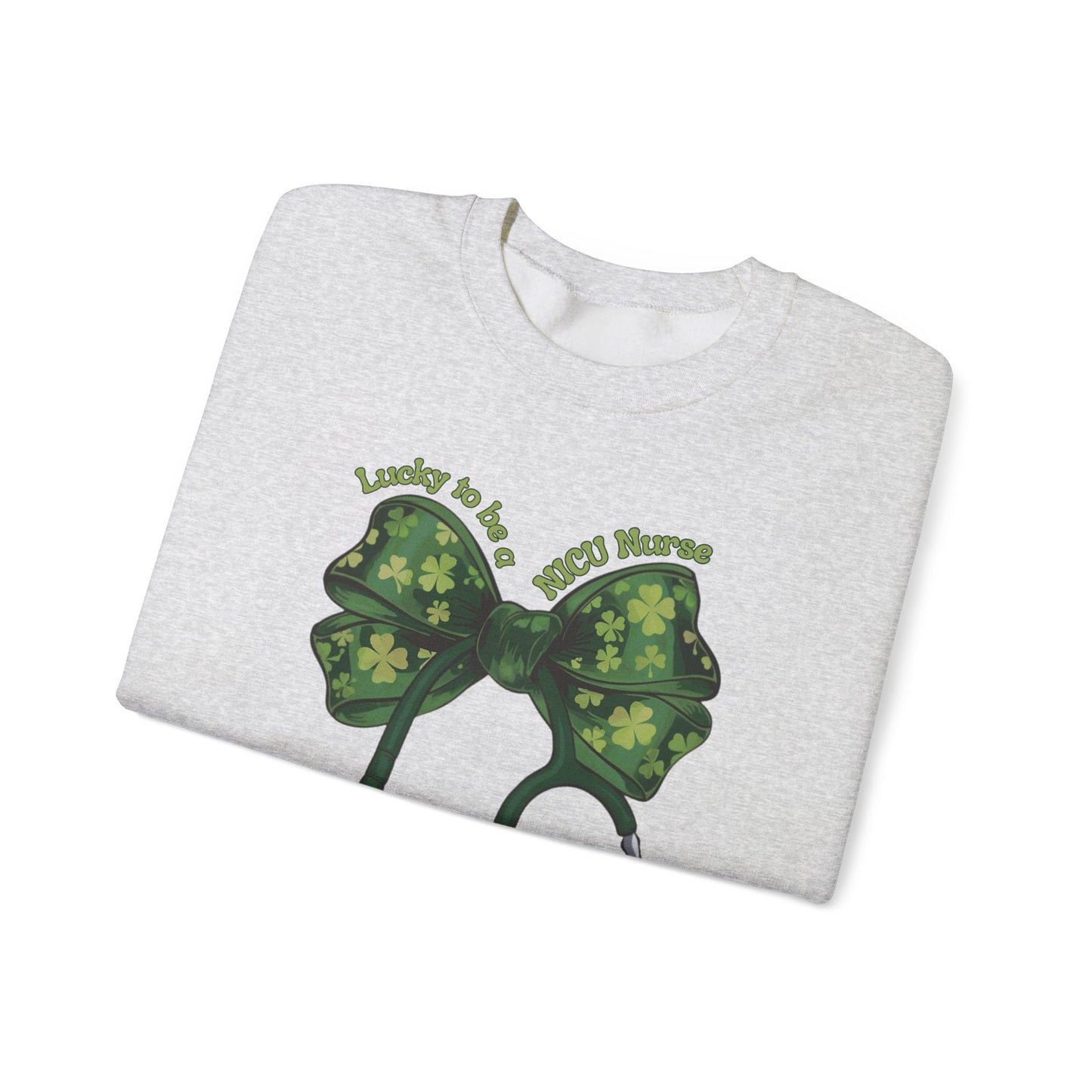 Lucky to be a PICU Nurse St. Patricks Day Sweatshirt Coquette Bow Stethoscope, RN sweatershirt, ER Nurse, NICU Nurse, PICU nurse, clover, lucky nurse sweatshirt.
