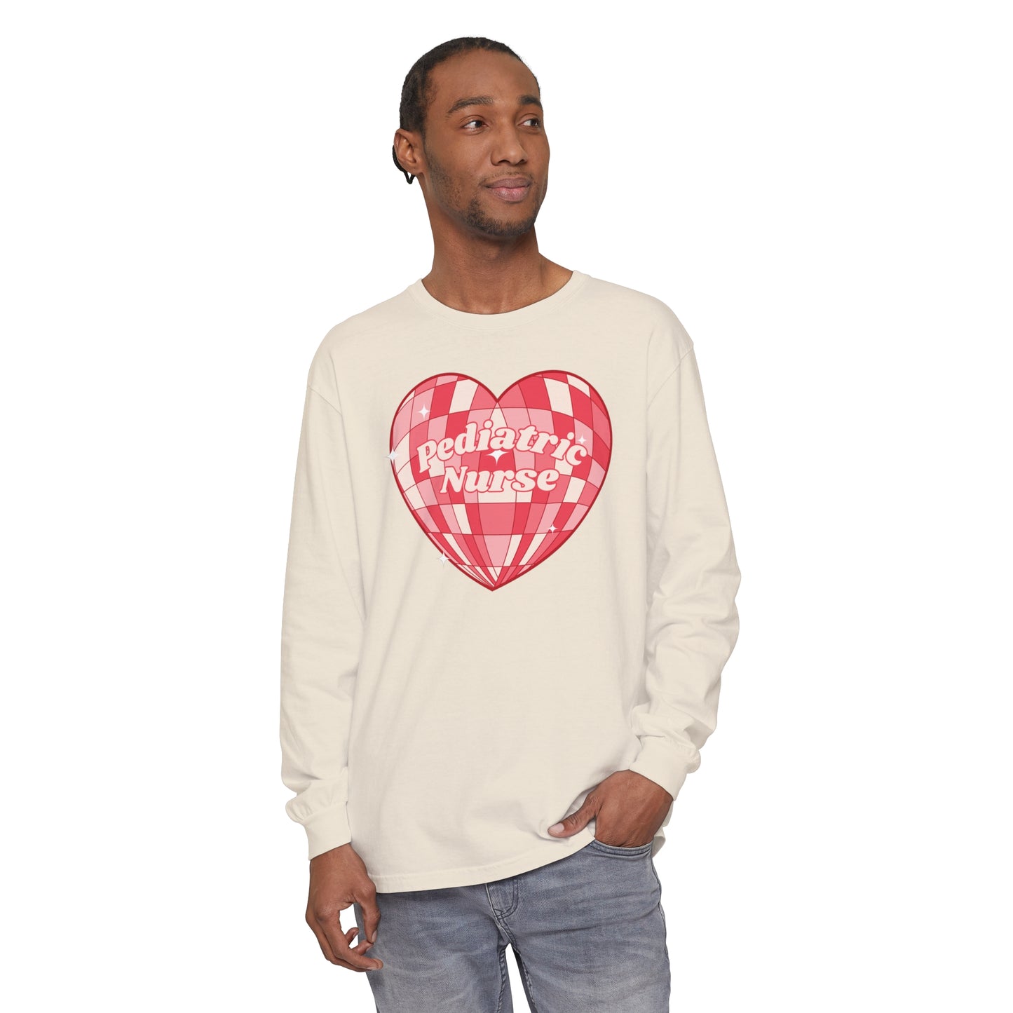 Pediatric Nurse Valentines Day Long sleeve, retro heart, comfort colors long sleeve.