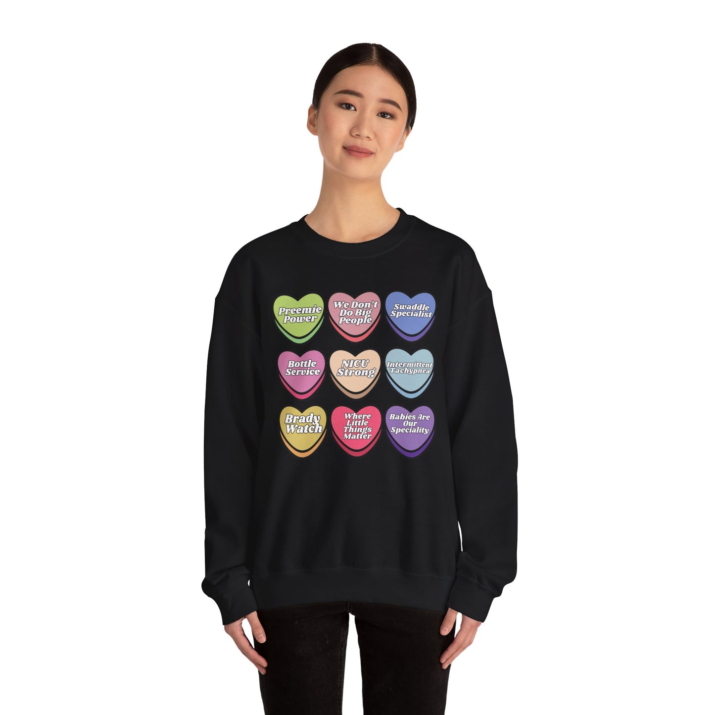 NICU Nurse Valentine’s Day Sweatshirt, Cute Candy Heart NICU Sayings, match your coworkers this Valentine’s Day