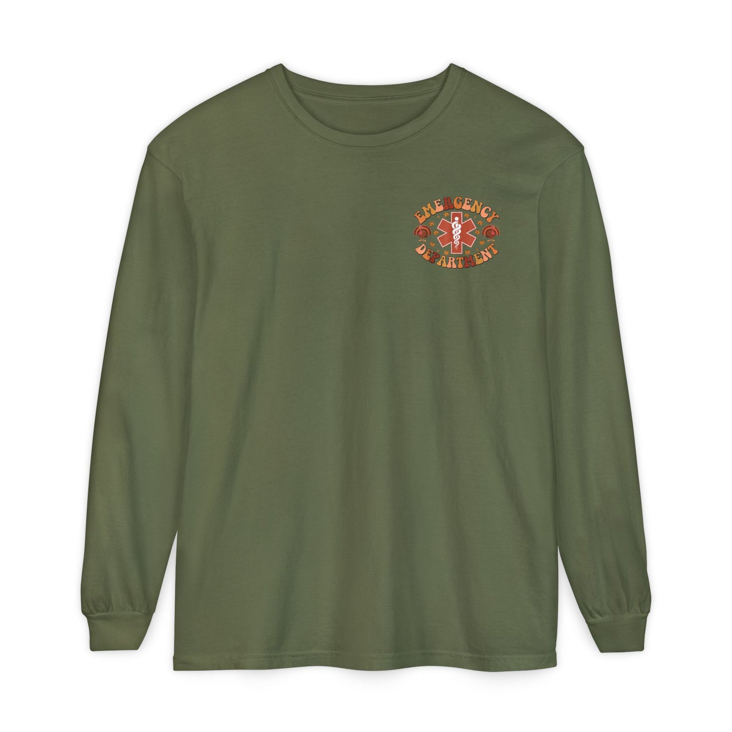 Turkey front ED sign, thanksgiving theme ED Nurse longsleeve , pediatric nurse shirt, comfort colors turkey nurse shirt, Peds nurse,fall nurse shirt