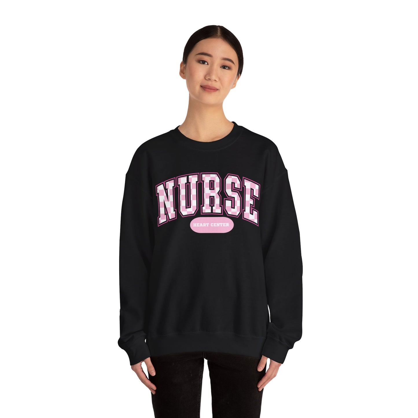 Retro Checkered Heart Center Varsity Letter Nurse Sweatshirt, Comfy Gildan Sweatshirt