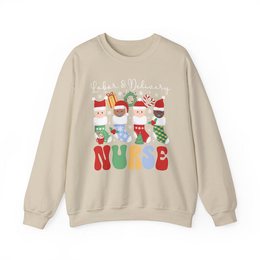 Labor and Delivery Nurse Christmas Sweatshirt, adorable baby stockings, Gift for L& D Nurse.