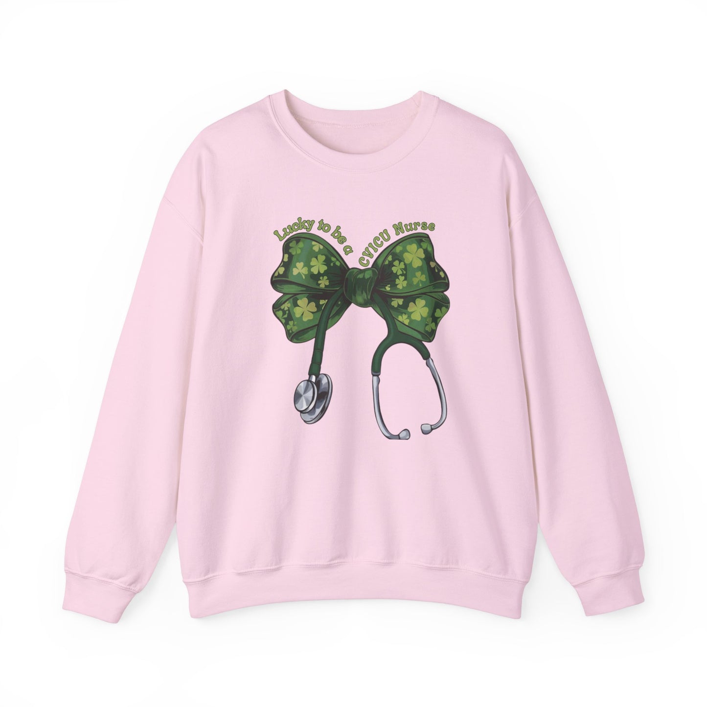 Lucky to be a Heart Center CVICU Nurse St. Patricks Day Sweatshirt Coquette Bow Stethoscope, RN sweatershirt, ER Nurse, NICU Nurse, PICU nurse, clover, lucky nurse sweatshirt.