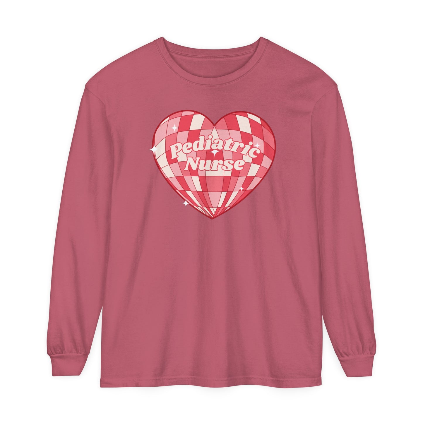 Pediatric Nurse Valentines Day Long sleeve, retro heart, comfort colors long sleeve.