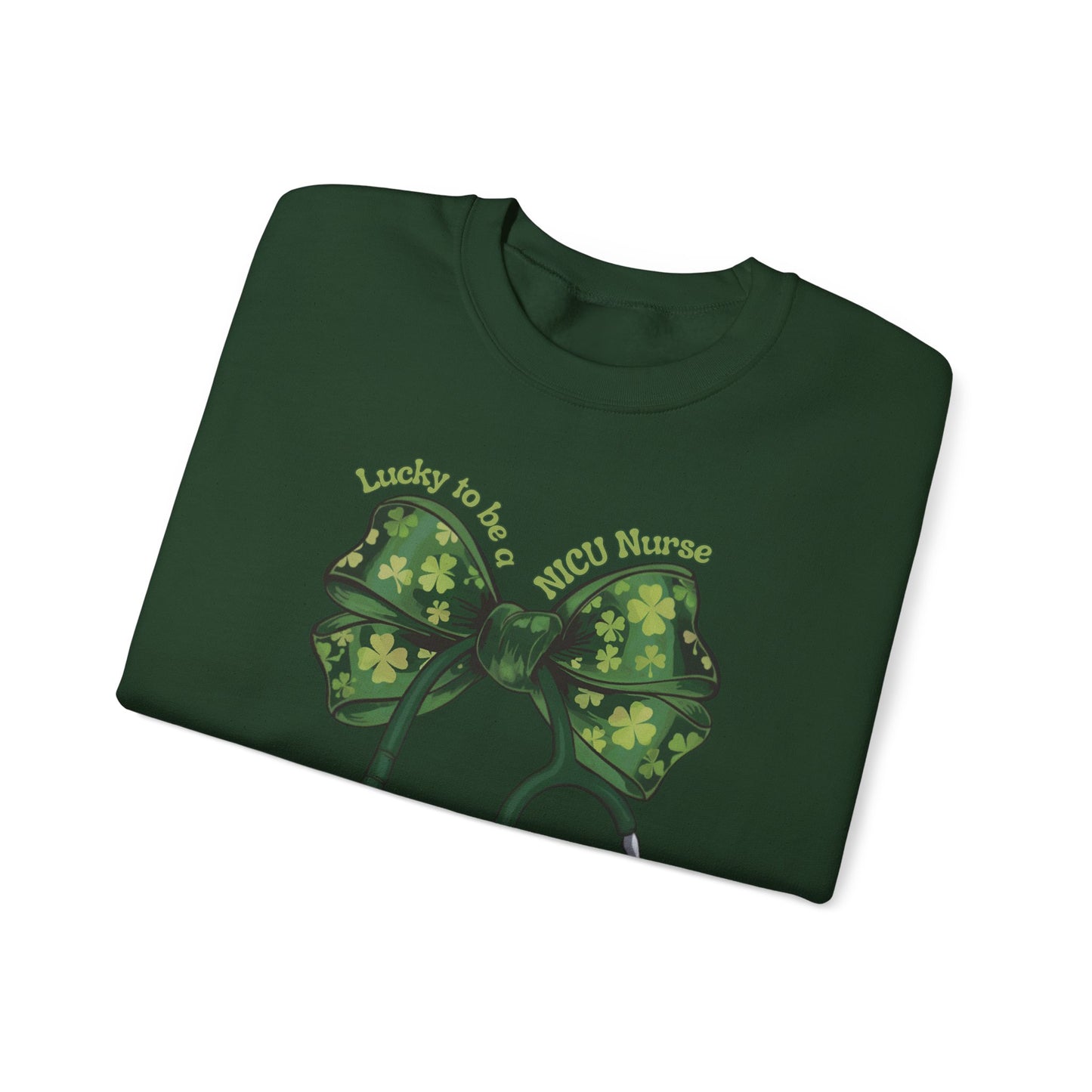 Lucky to be a PICU Nurse St. Patricks Day Sweatshirt Coquette Bow Stethoscope, RN sweatershirt, ER Nurse, NICU Nurse, PICU nurse, clover, lucky nurse sweatshirt.