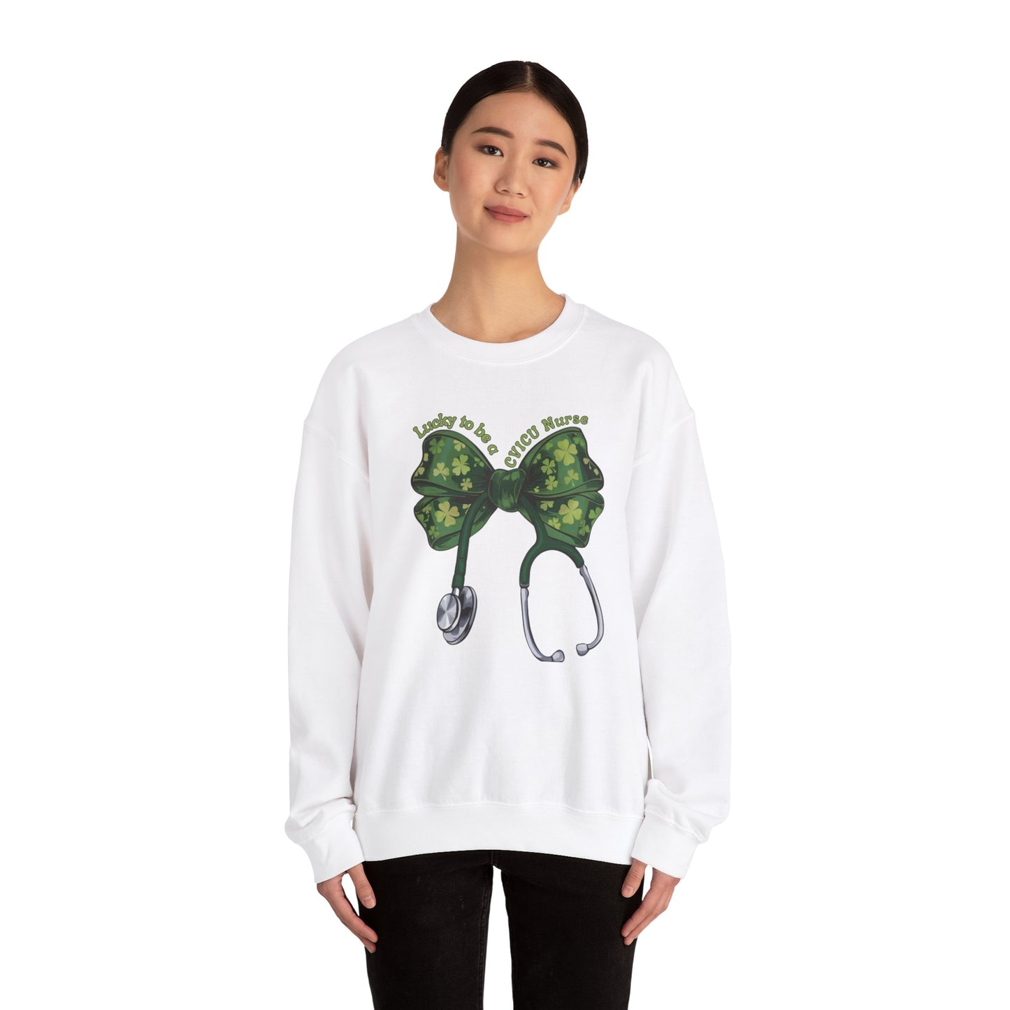 Lucky to be a Heart Center CVICU Nurse St. Patricks Day Sweatshirt Coquette Bow Stethoscope, RN sweatershirt, ER Nurse, NICU Nurse, PICU nurse, clover, lucky nurse sweatshirt.