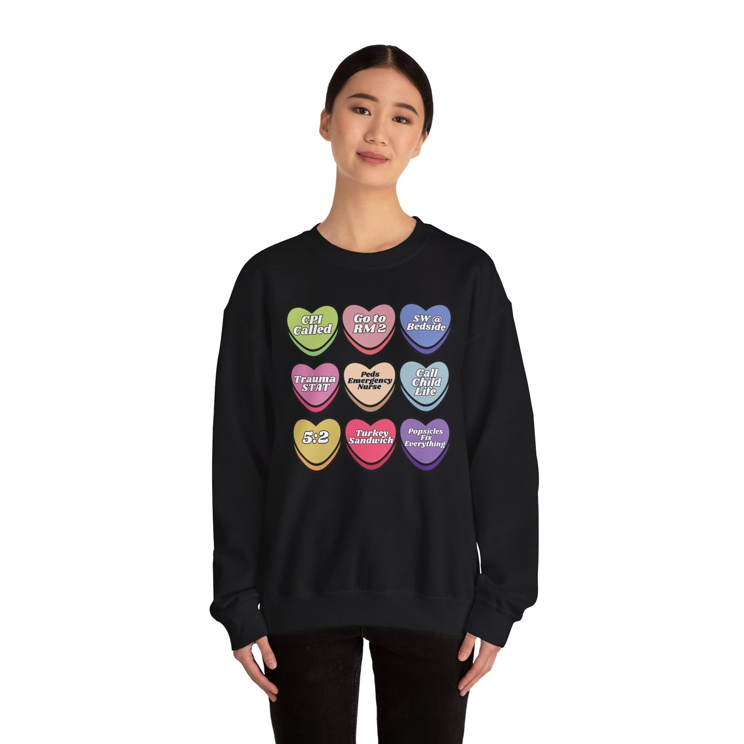Pediatric ED Candy heart sweatshirt, perfect to match your unit this valentines Day! Gildan cozy sweatshirt