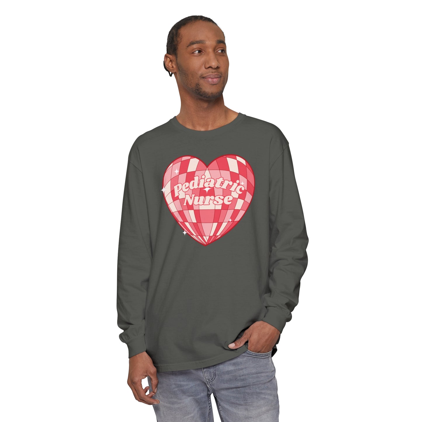 Pediatric Nurse Valentines Day Long sleeve, retro heart, comfort colors long sleeve.