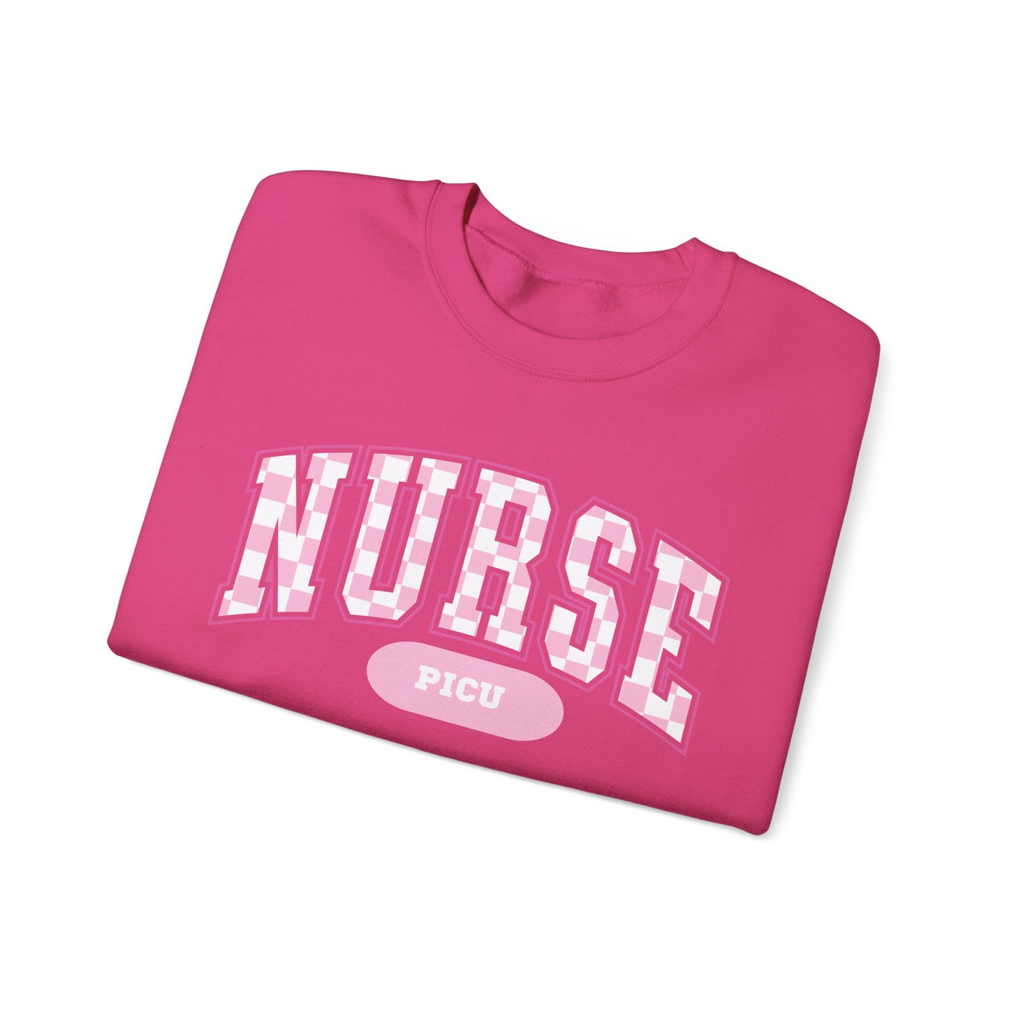 Retro Checkered PICU Varsity Letter Nurse Sweatshirt, Comfy Gildan Sweatshirt