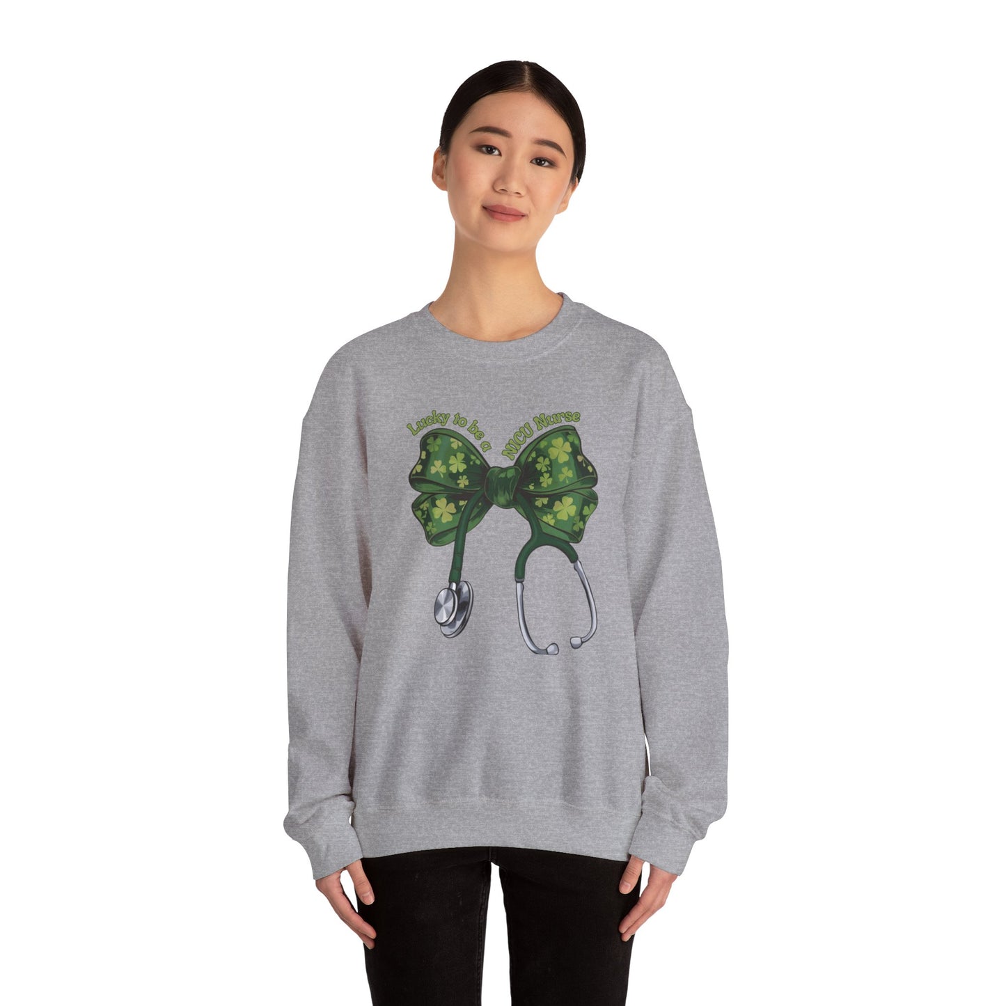 Lucky to be a PICU Nurse St. Patricks Day Sweatshirt Coquette Bow Stethoscope, RN sweatershirt, ER Nurse, NICU Nurse, PICU nurse, clover, lucky nurse sweatshirt.